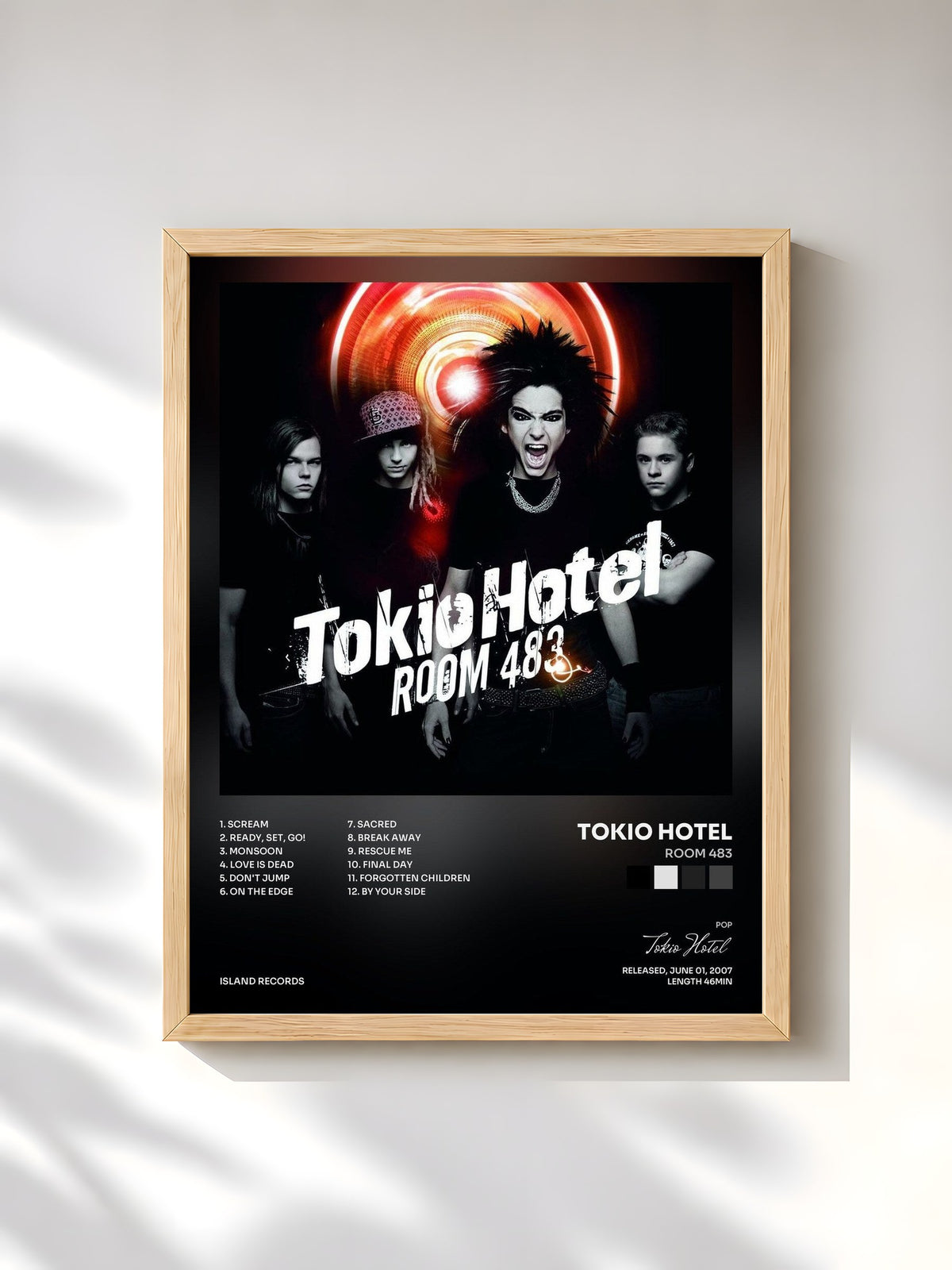 #bois Tableau de l'album Room 483 de Tokio Hotel, cadre en bois brut, imprimé et encadré en France
