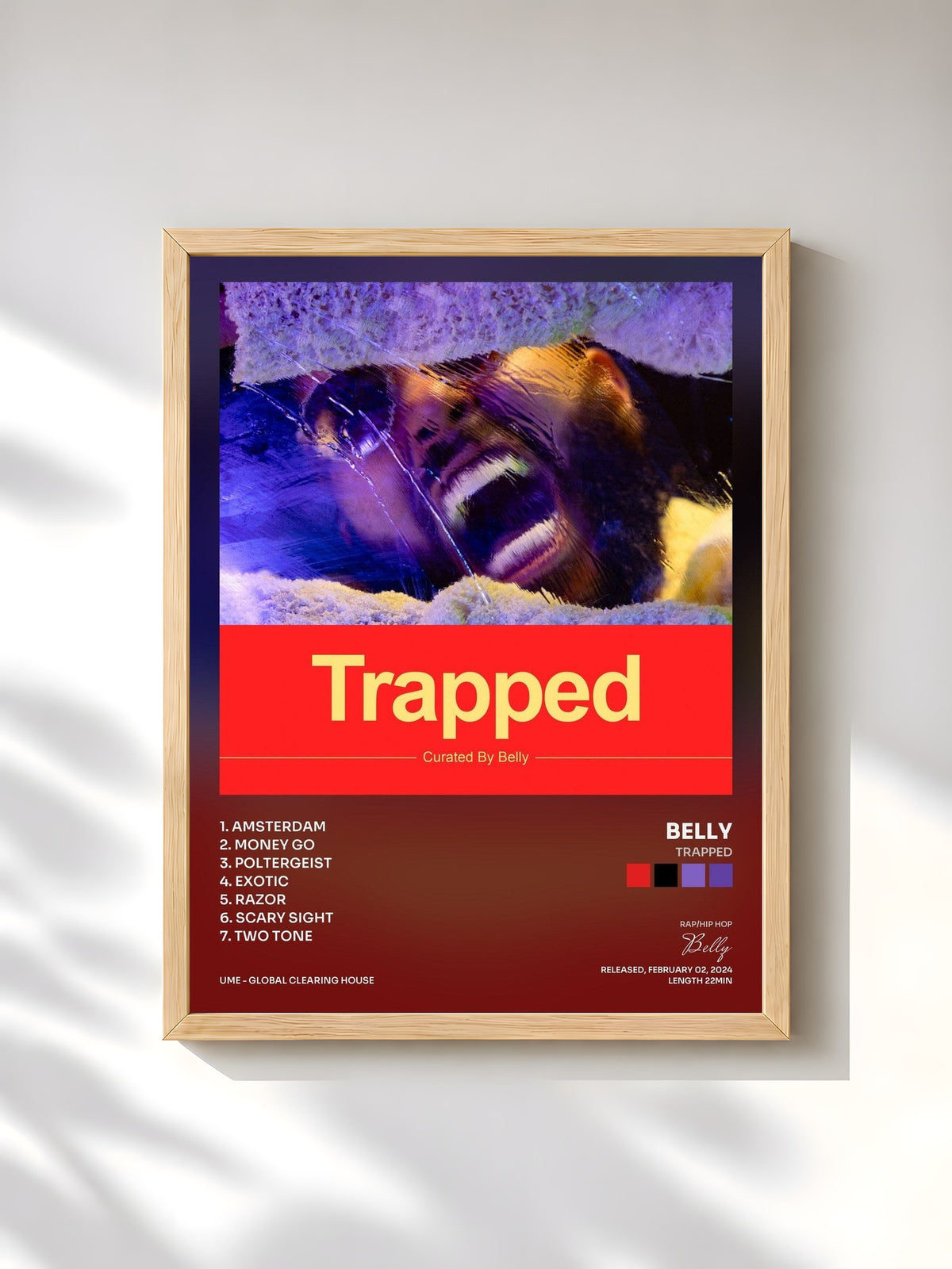 #bois Tableau de l'album Trapped de Belly, cadre en bois brut, imprimé et encadré en France