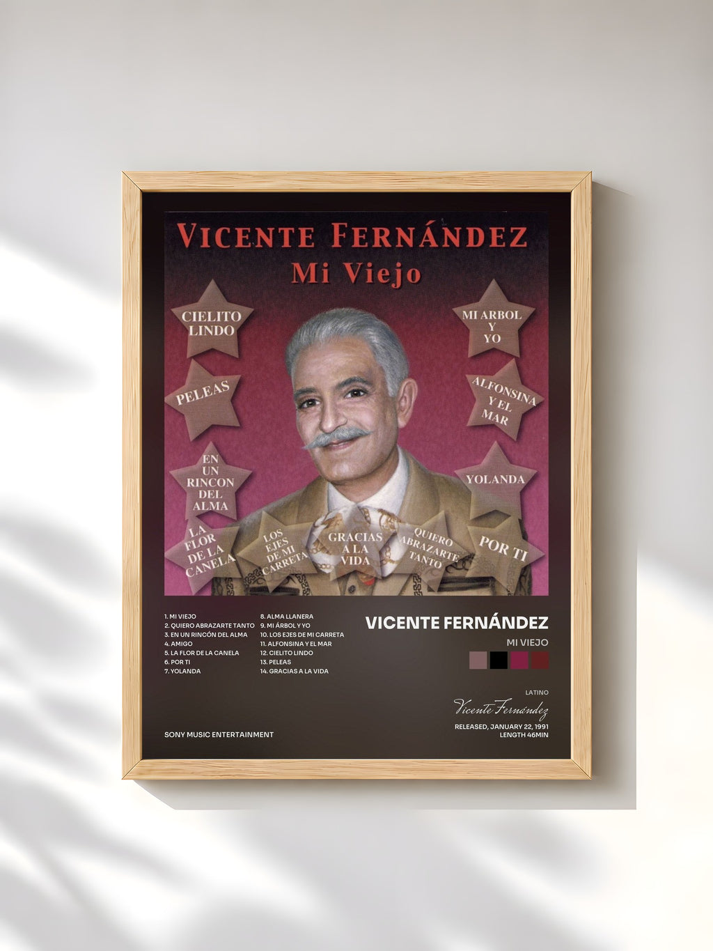#bois Tableau de l'album Mi Viejo de Vicente Fernández, cadre en bois brut, imprimé et encadré en France