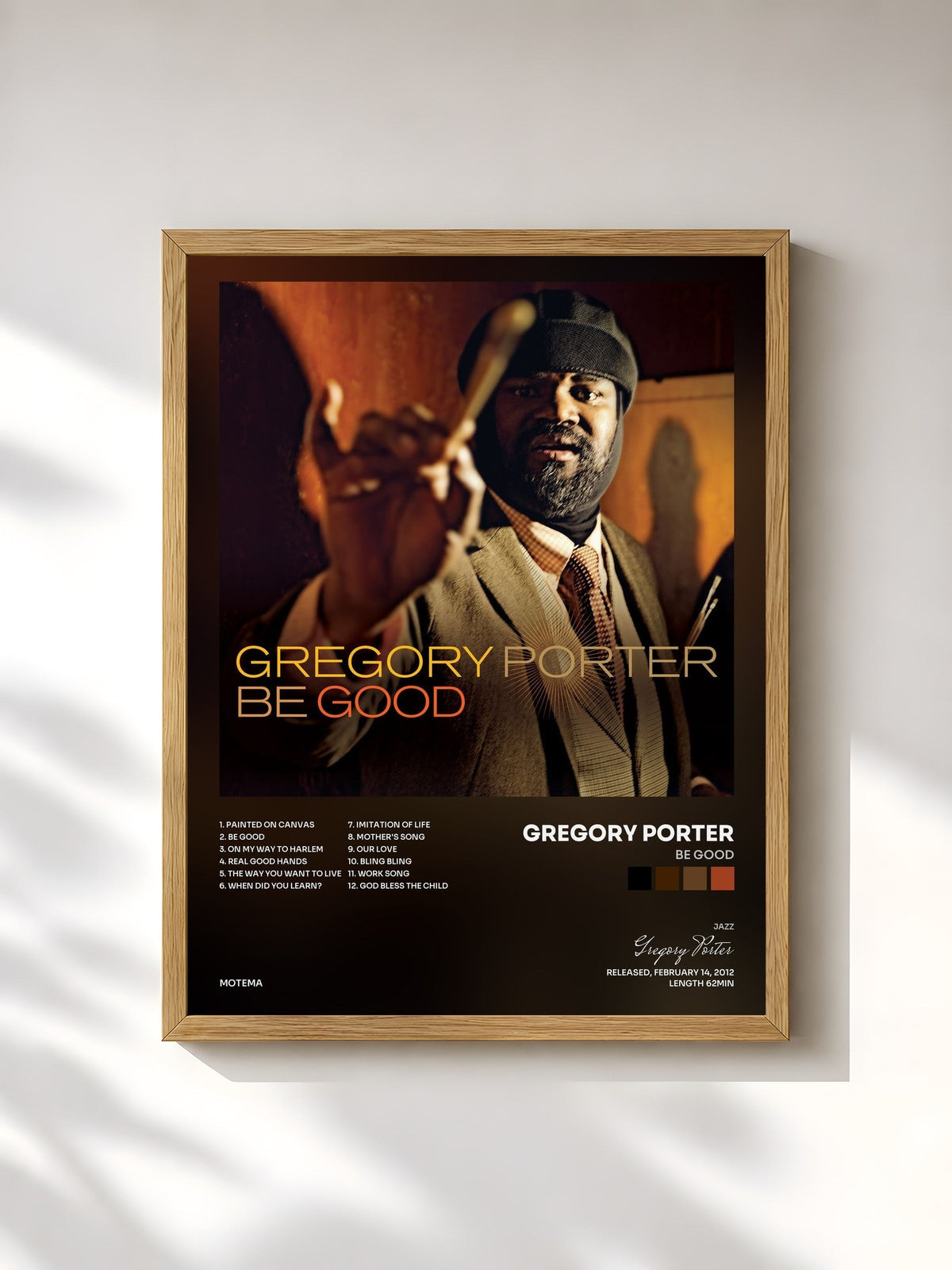 #bois Tableau de l'album Be Good de Gregory Porter, cadre en bois brut, imprimé et encadré en France