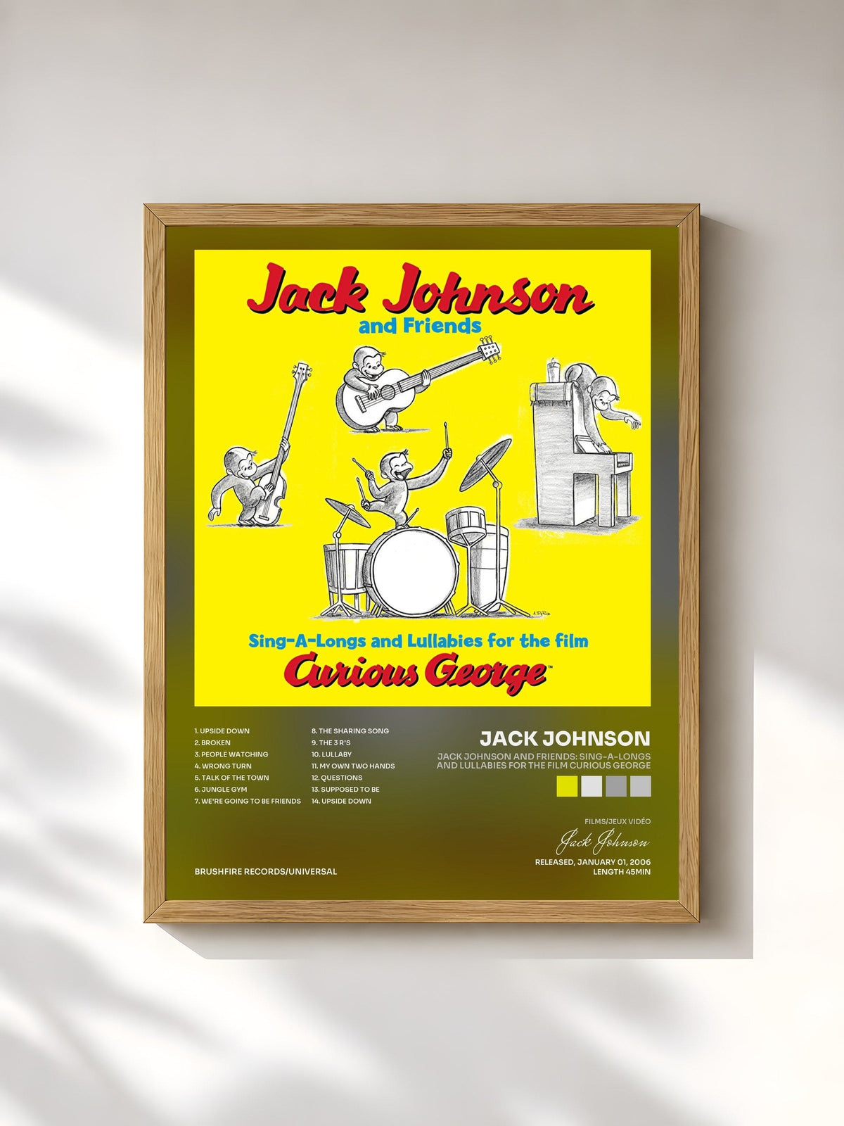 #bois Tableau de l'album Jack Johnson And Friends: Sing-A-Longs And Lullabies For The Film Curious George de Jack Johnson, cadre en bois brut, imprimé et encadré en France