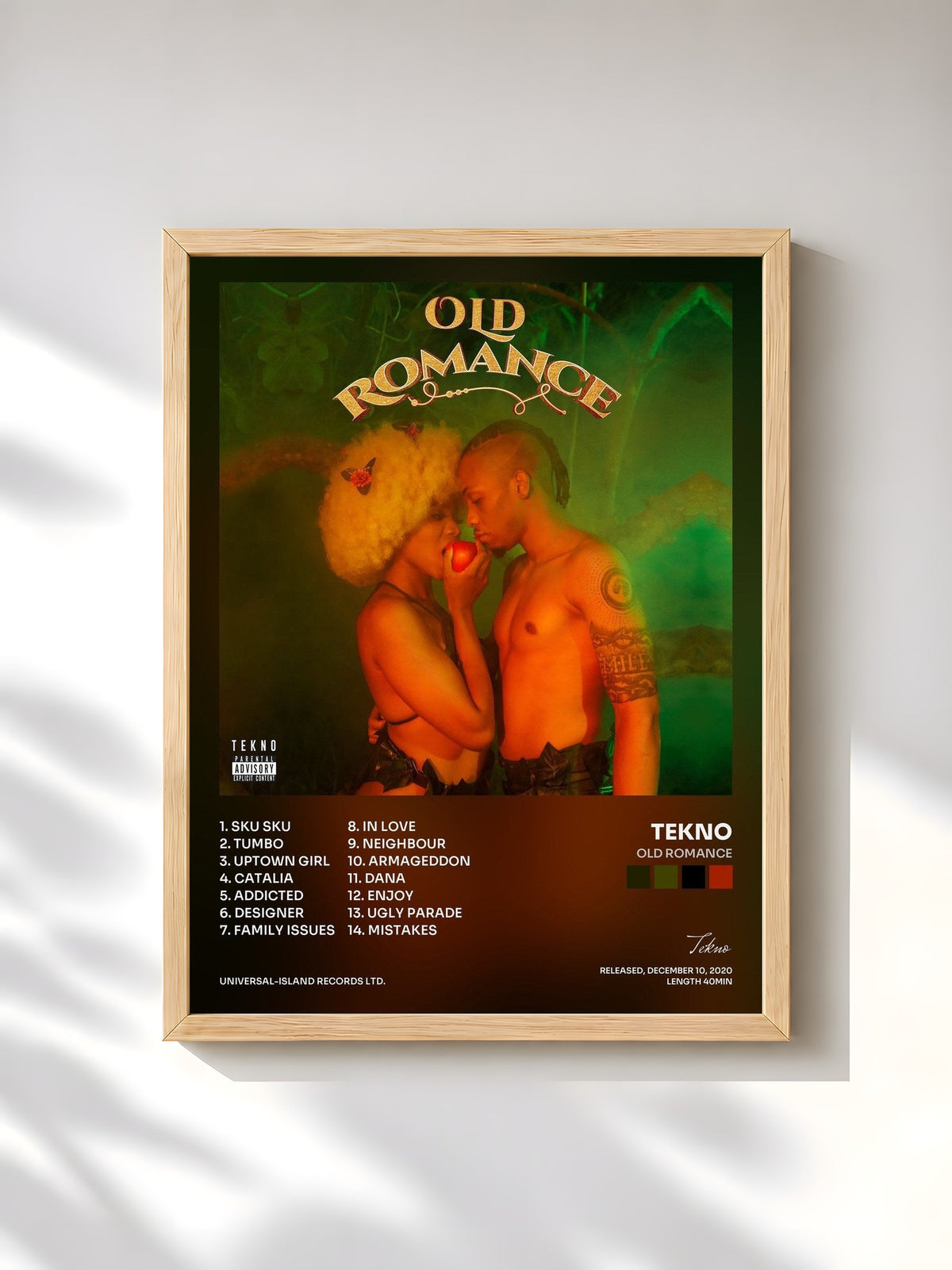 #bois Tableau de l'album Old Romance de Tekno, cadre en bois brut, imprimé et encadré en France