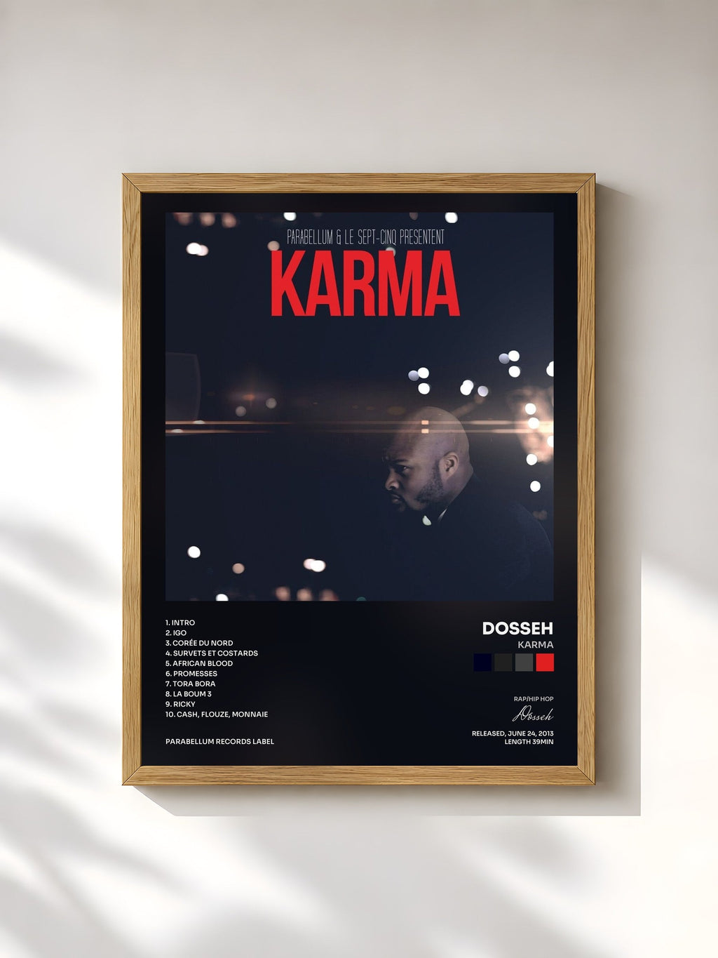 #bois Tableau de l'album Karma de Dosseh, cadre en bois brut, imprimé et encadré en France