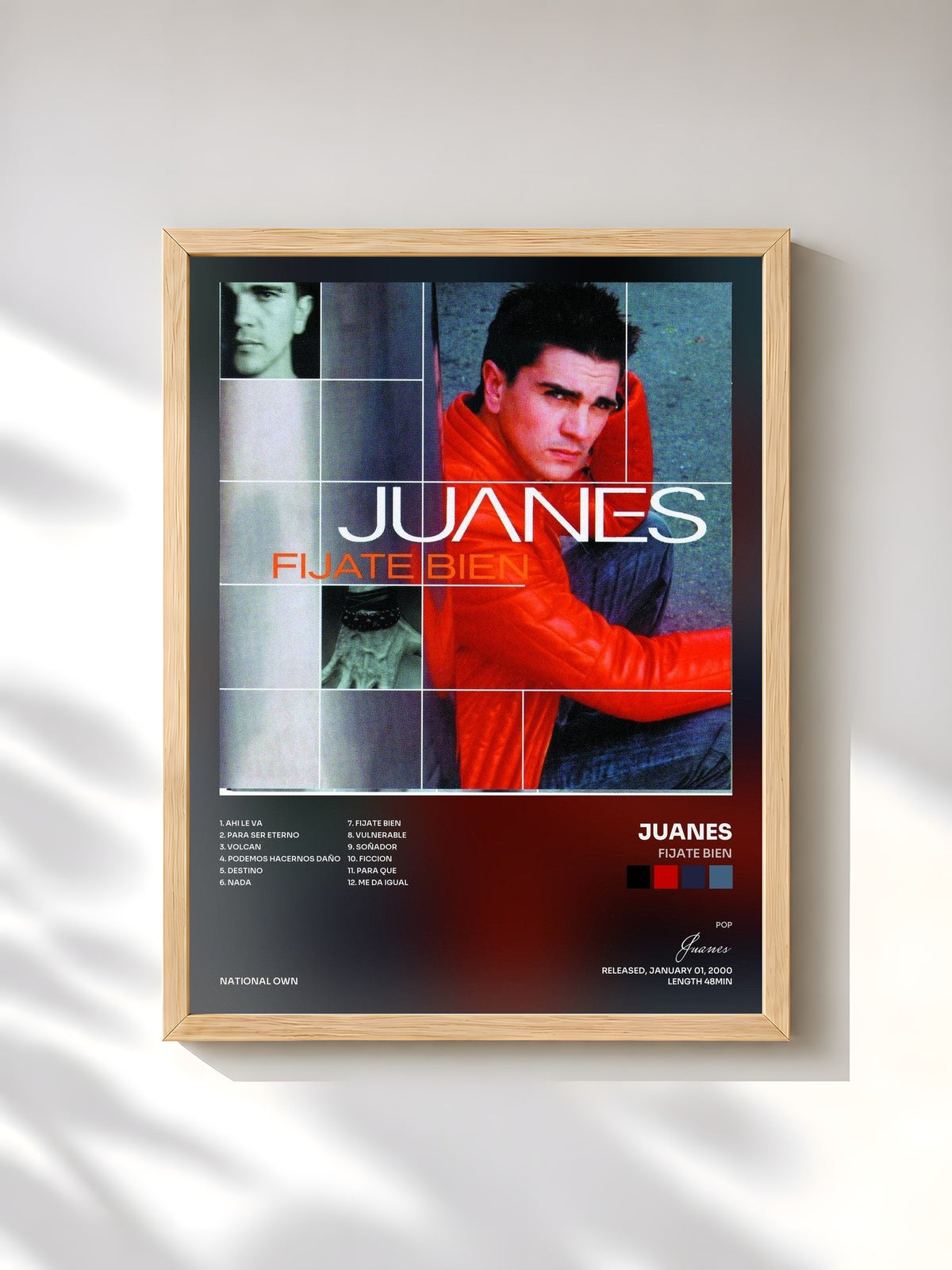 #bois Tableau de l'album Fijate Bien de Juanes, cadre en bois brut, imprimé et encadré en France