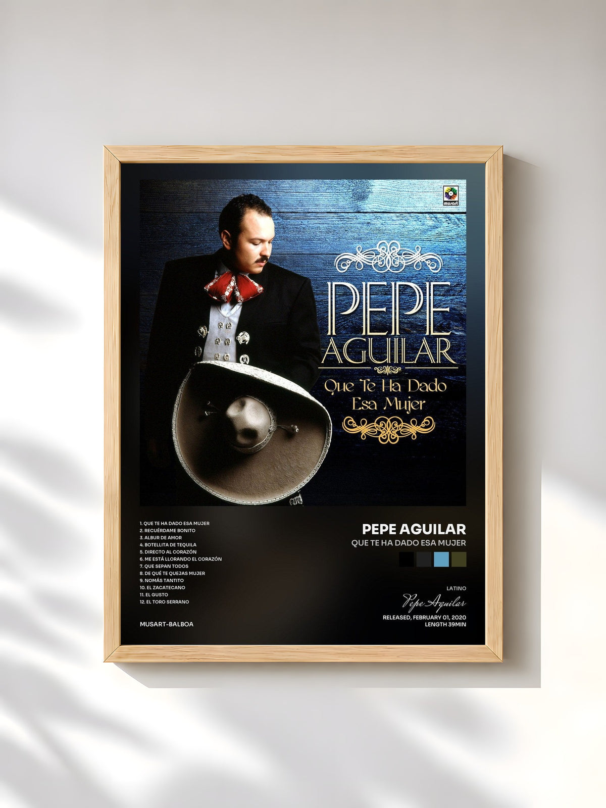 #bois Tableau de l'album Que Te Ha Dado Esa Mujer de Pepe Aguilar, cadre en bois brut, imprimé et encadré en France