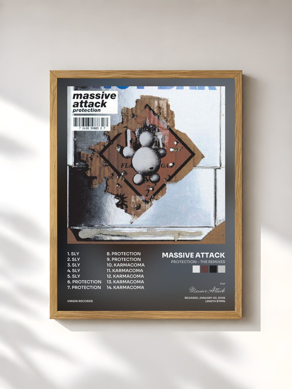 #bois Tableau de l'album Protection - The Remixes de Massive Attack, cadre en bois brut, imprimé et encadré en France