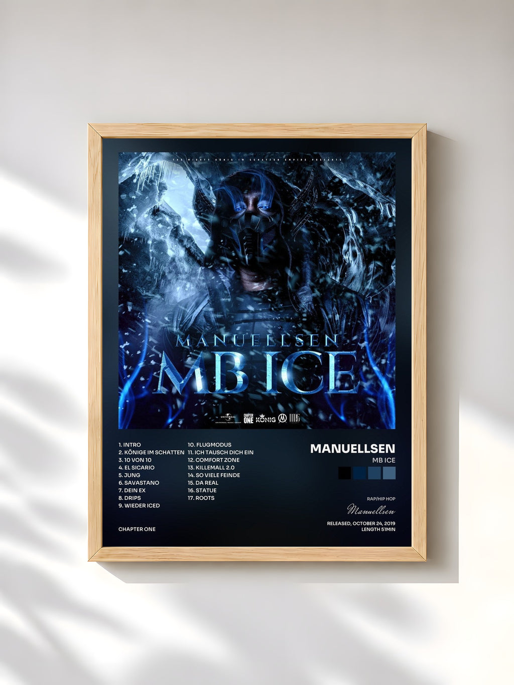 #bois Tableau de l'album MB ICE de Manuellsen, cadre en bois brut, imprimé et encadré en France