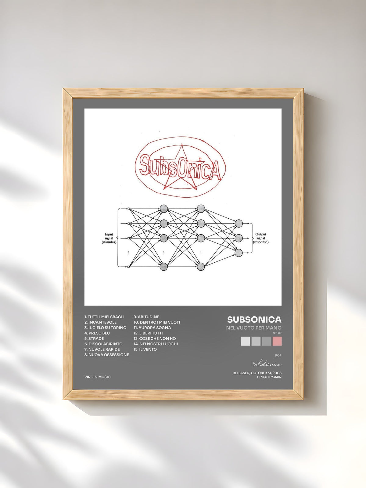 #bois Tableau de l'album Nel Vuoto Per Mano (97-07) de Subsonica, cadre en bois brut, imprimé et encadré en France