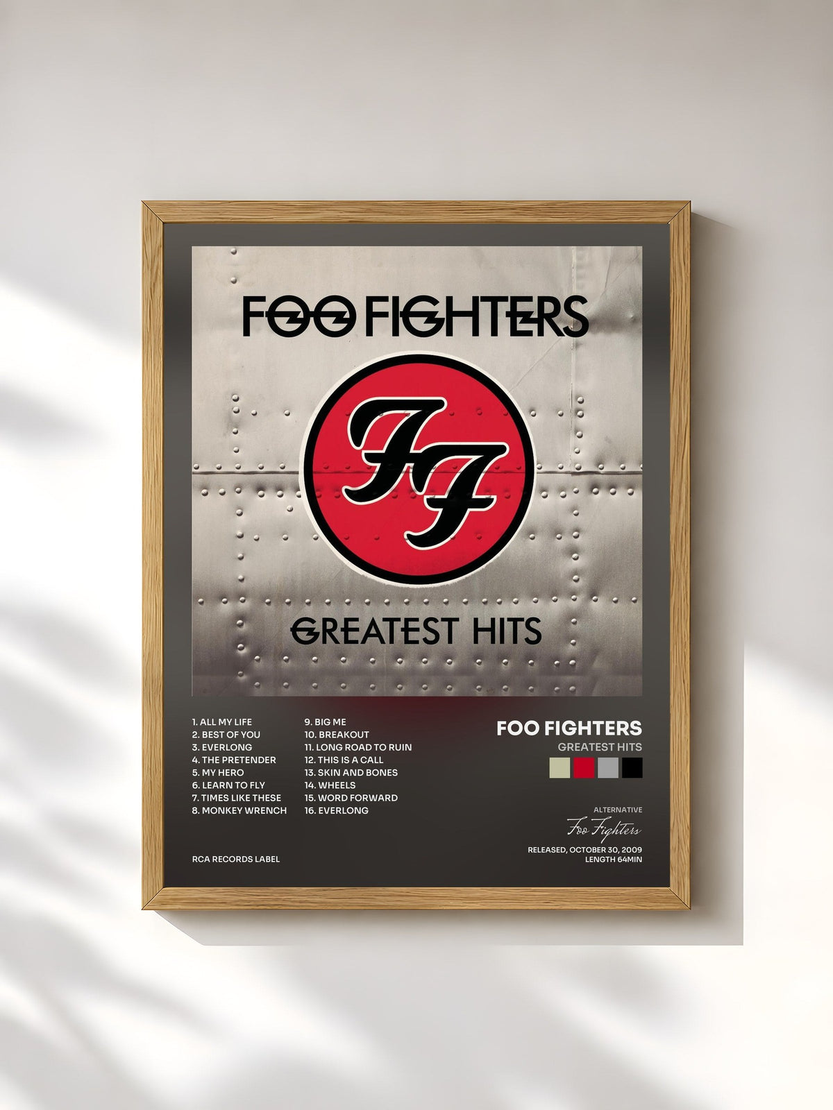 #bois Tableau de l'album Greatest Hits de Foo Fighters, cadre en bois brut, imprimé et encadré en France