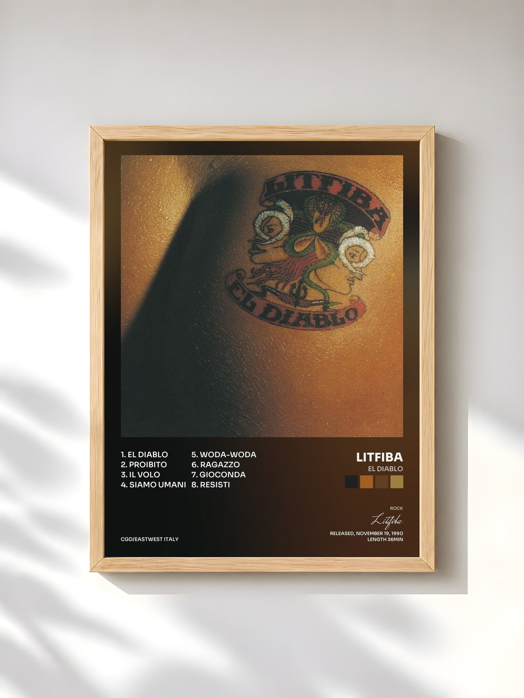 #bois Tableau de l'album El Diablo de Litfiba, cadre en bois brut, imprimé et encadré en France