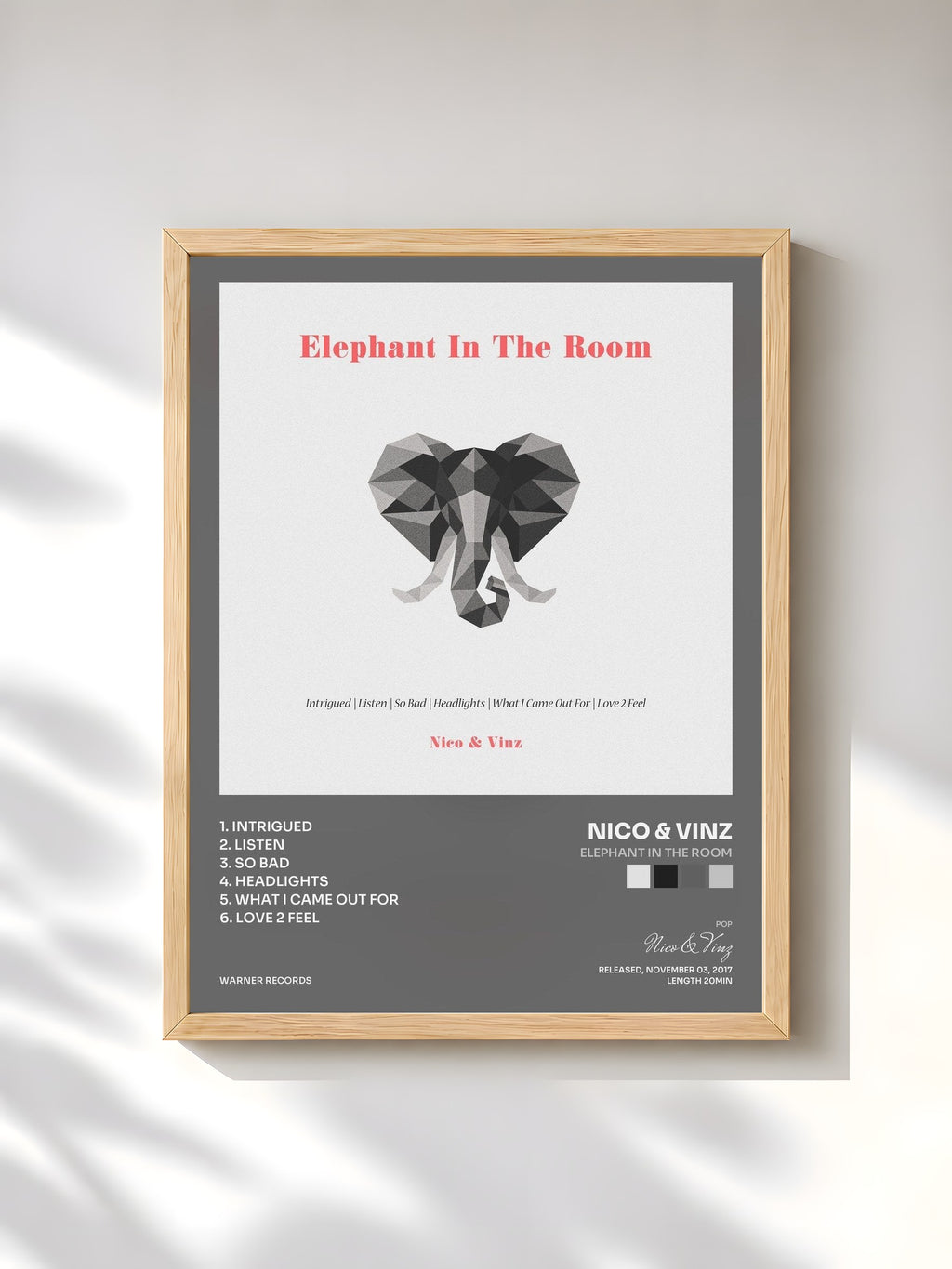 #bois Tableau de l'album Elephant in the Room de Nico & Vinz, cadre en bois brut, imprimé et encadré en France