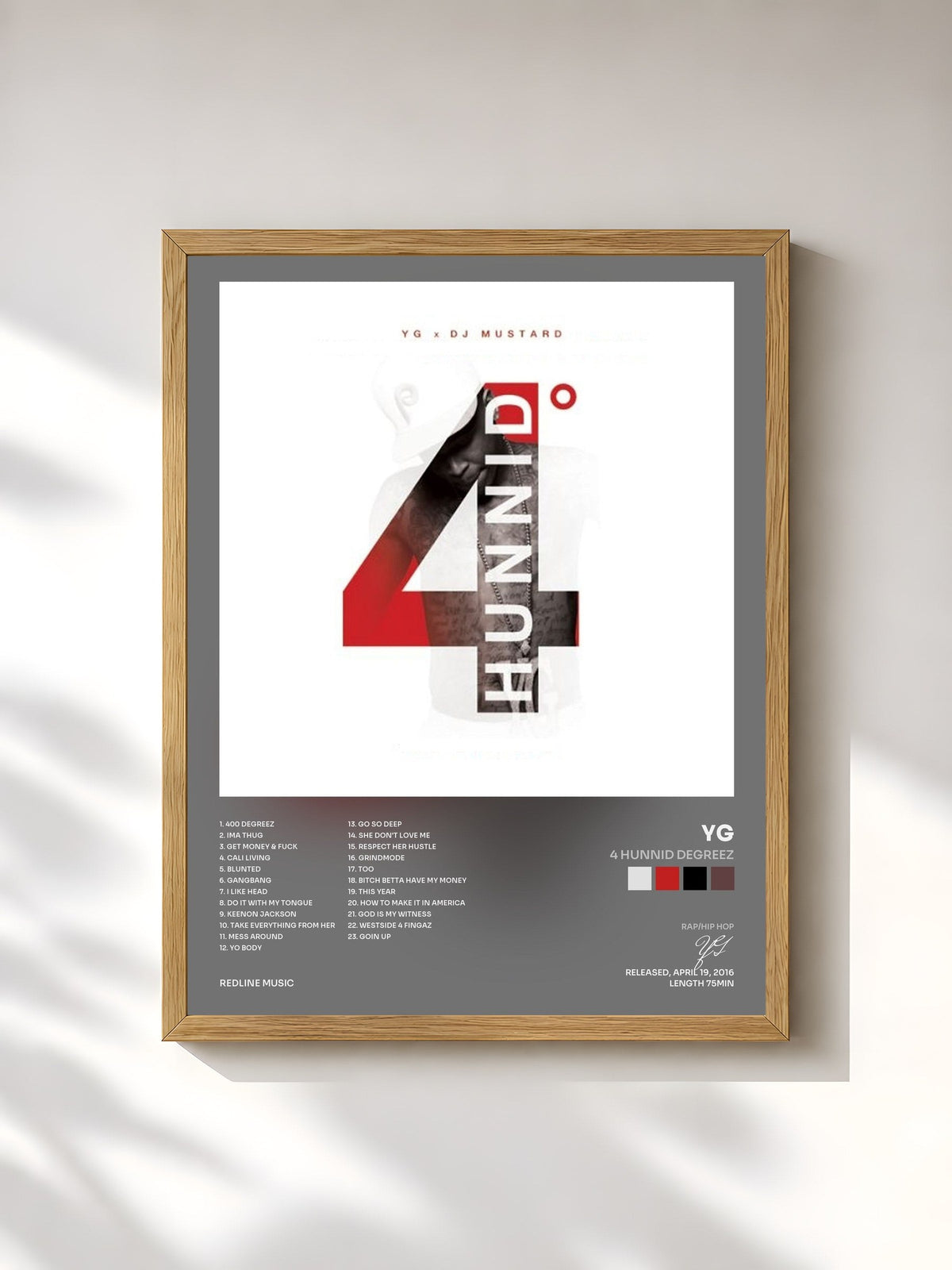 #bois Tableau de l'album 4 Hunnid Degreez de YG, cadre en bois brut, imprimé et encadré en France