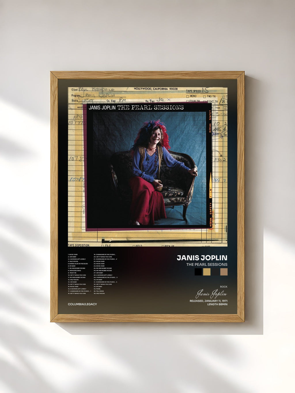 #bois Tableau de l'album The Pearl Sessions de Janis Joplin, cadre en bois brut, imprimé et encadré en France
