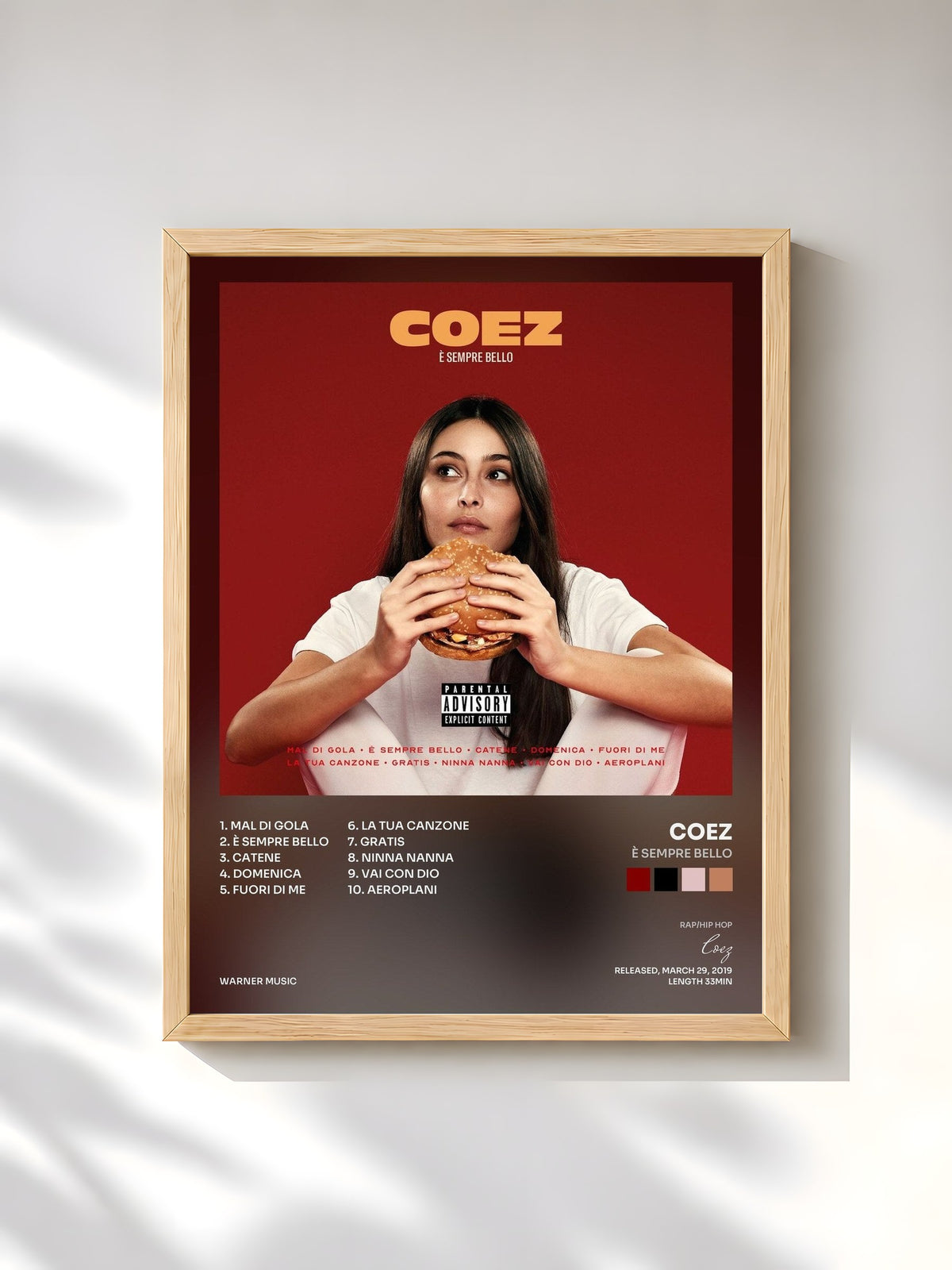 #bois Tableau de l'album È sempre bello de Coez, cadre en bois brut, imprimé et encadré en France