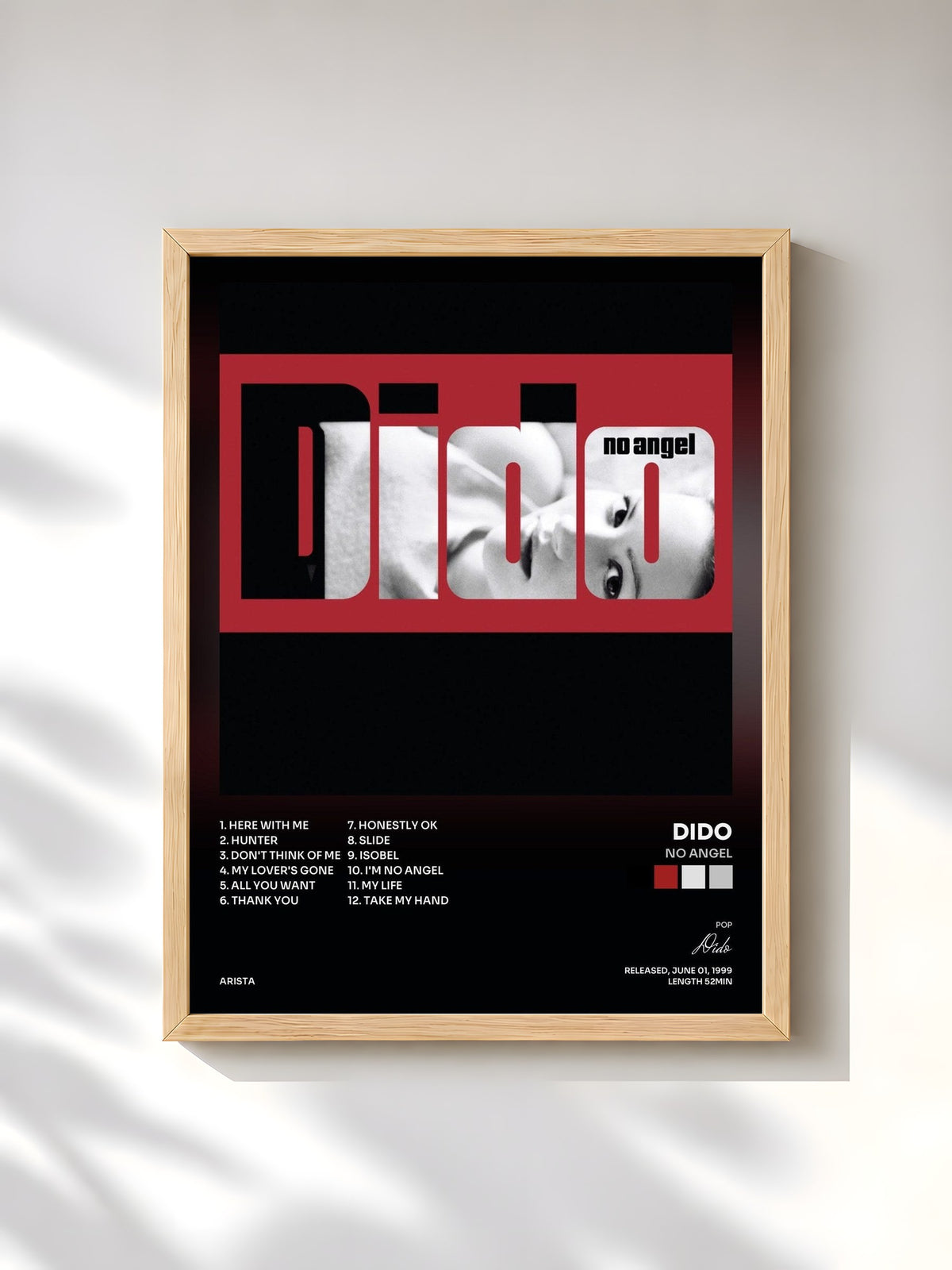 #bois Tableau de l'album No Angel de Dido, cadre en bois brut, imprimé et encadré en France
