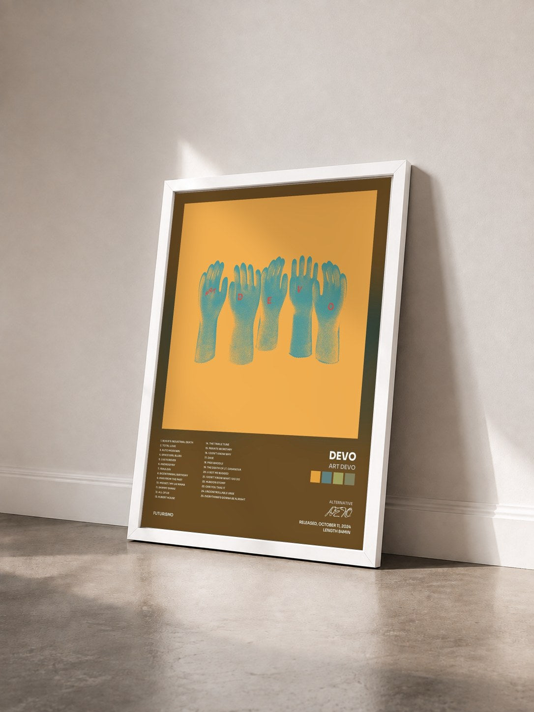 #blanc Tableau de l'album Art Devo de DEVO vu de trois quarts, cadre blanc