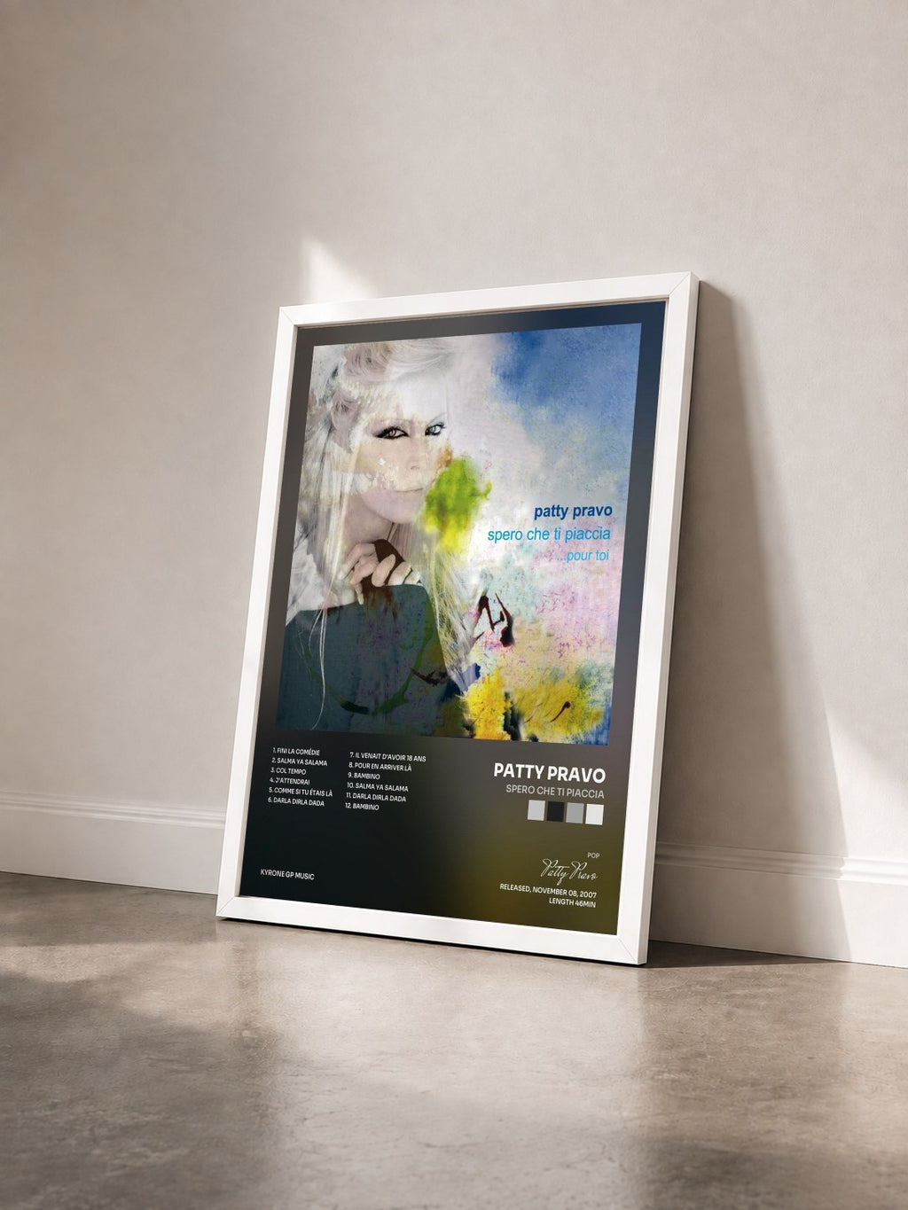 #blanc Tableau de l'album Spero che ti piaccia de Patty Pravo vu de trois quarts, cadre blanc