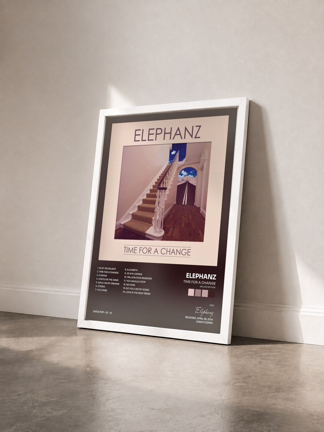 #blanc Tableau de l'album TIME FOR A CHANGE (Deluxe Edition) de Elephanz vu de trois quarts, cadre blanc