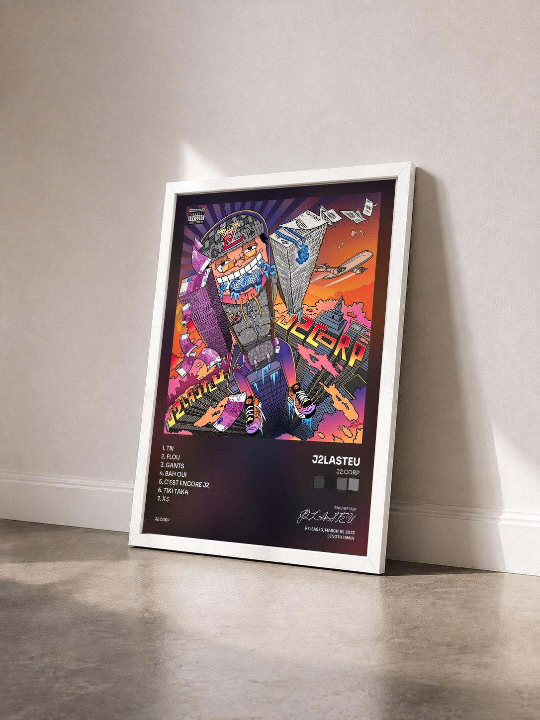 #blanc Tableau de l'album J2 CORP de J2LASTEU vu de trois quarts, cadre blanc
