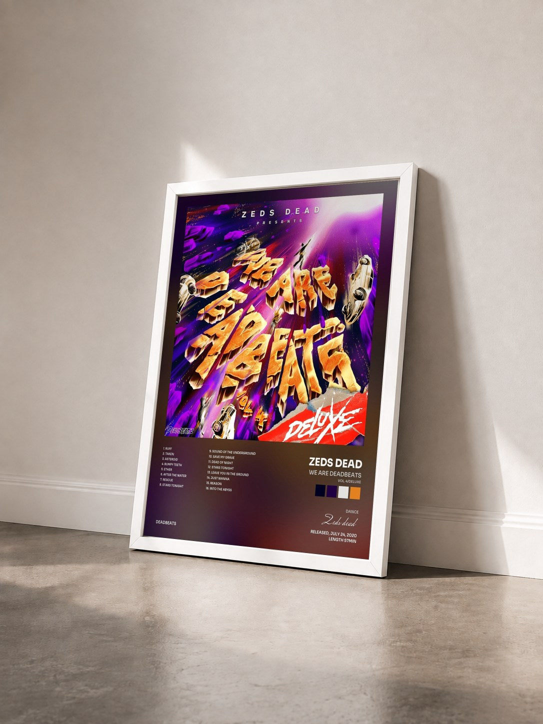#blanc Tableau de l'album We Are Deadbeats (Vol. 4/Deluxe) de Zeds dead vu de trois quarts, cadre blanc