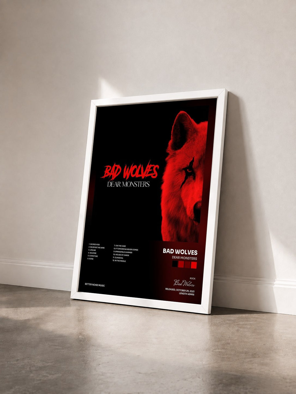 #blanc Tableau de l'album Dear Monsters de Bad Wolves vu de trois quarts, cadre blanc