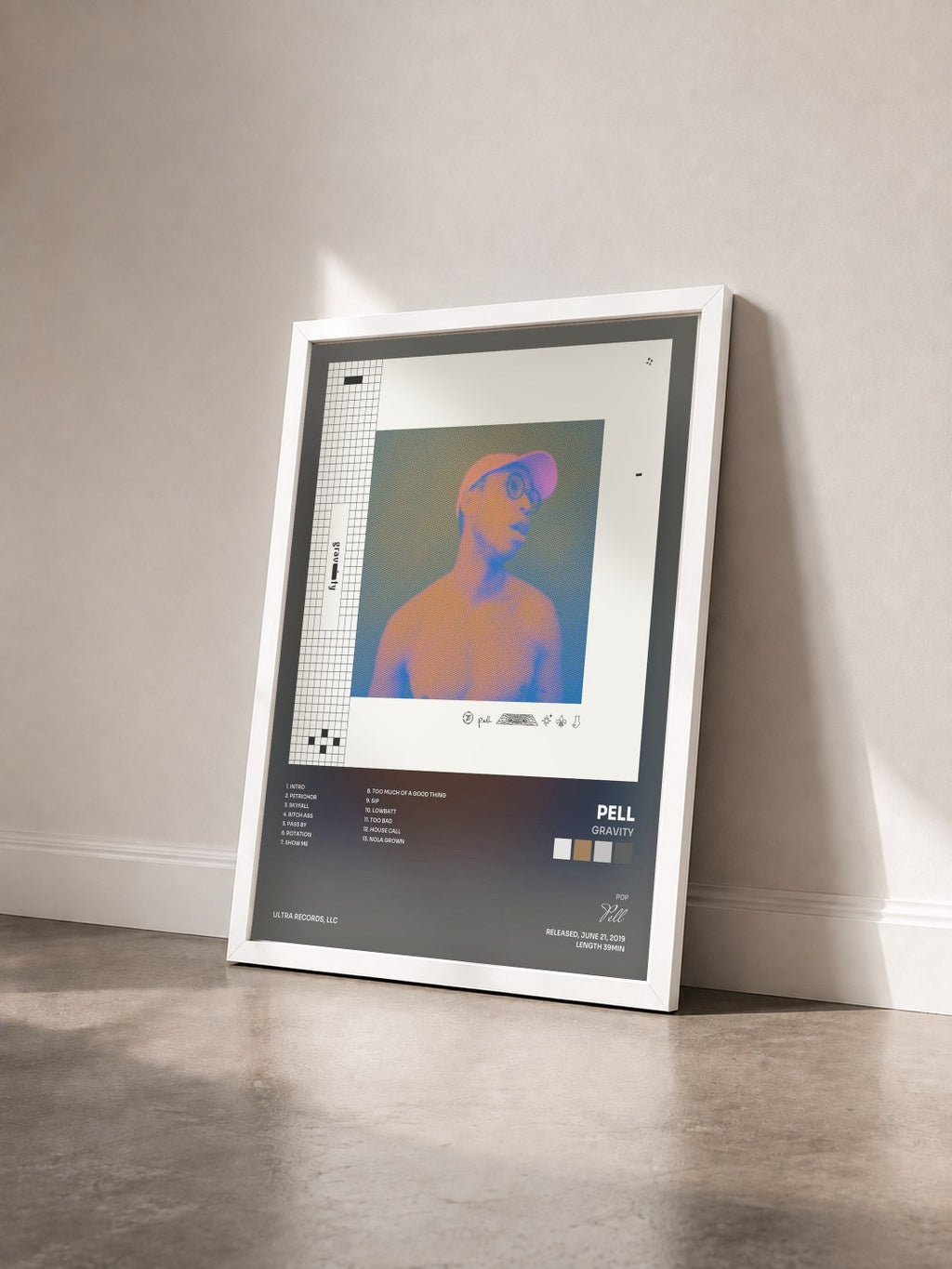 #blanc Tableau de l'album Gravity de Pell vu de trois quarts, cadre blanc