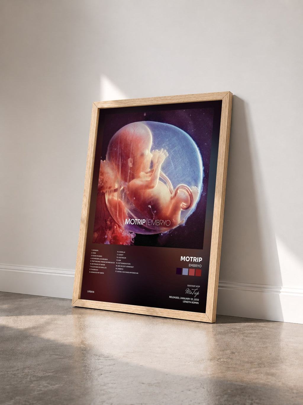 #bois Tableau de l'album Embryo de MoTrip vu de trois quarts, cadre en bois brut