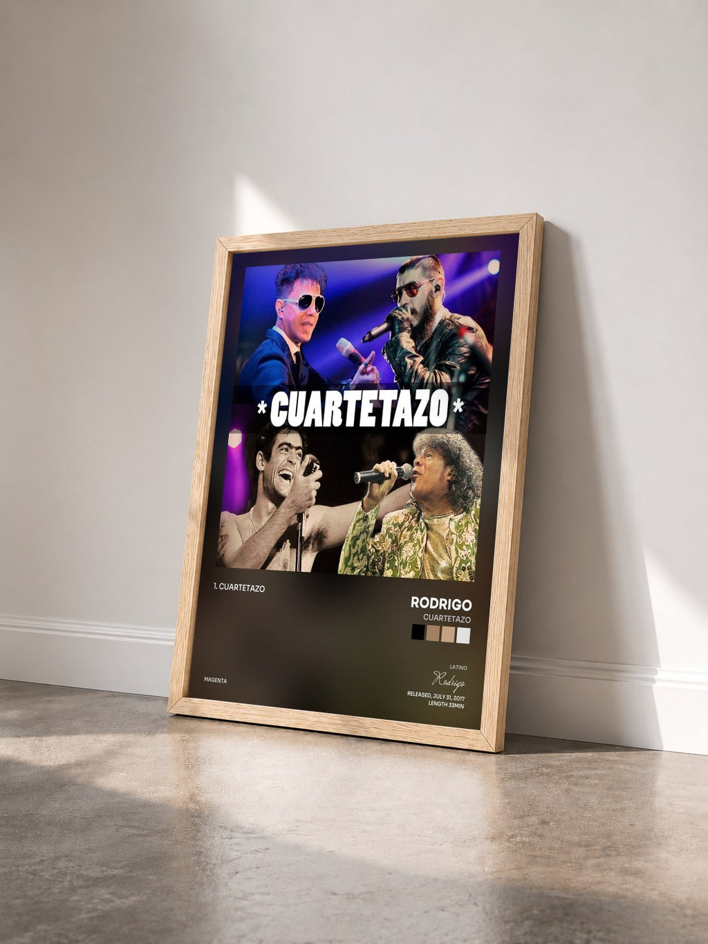 #bois Tableau de l'album Cuartetazo de Rodrigo vu de trois quarts, cadre en bois brut