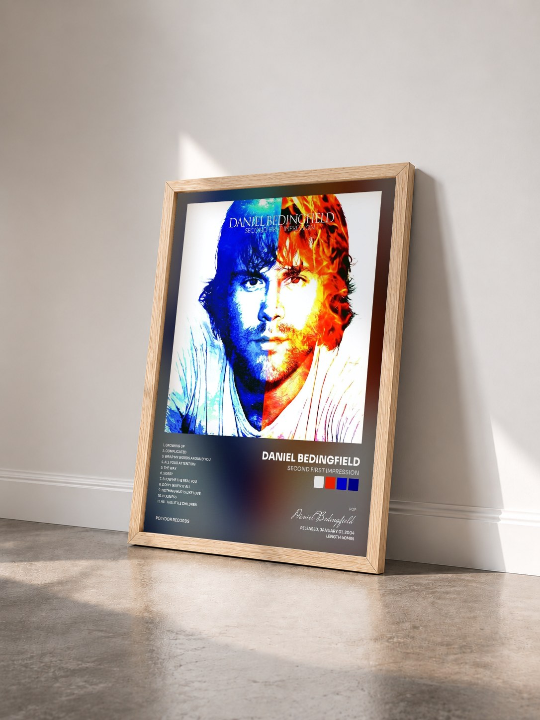 #bois Tableau de l'album Second First Impression de Daniel Bedingfield vu de trois quarts, cadre en bois brut