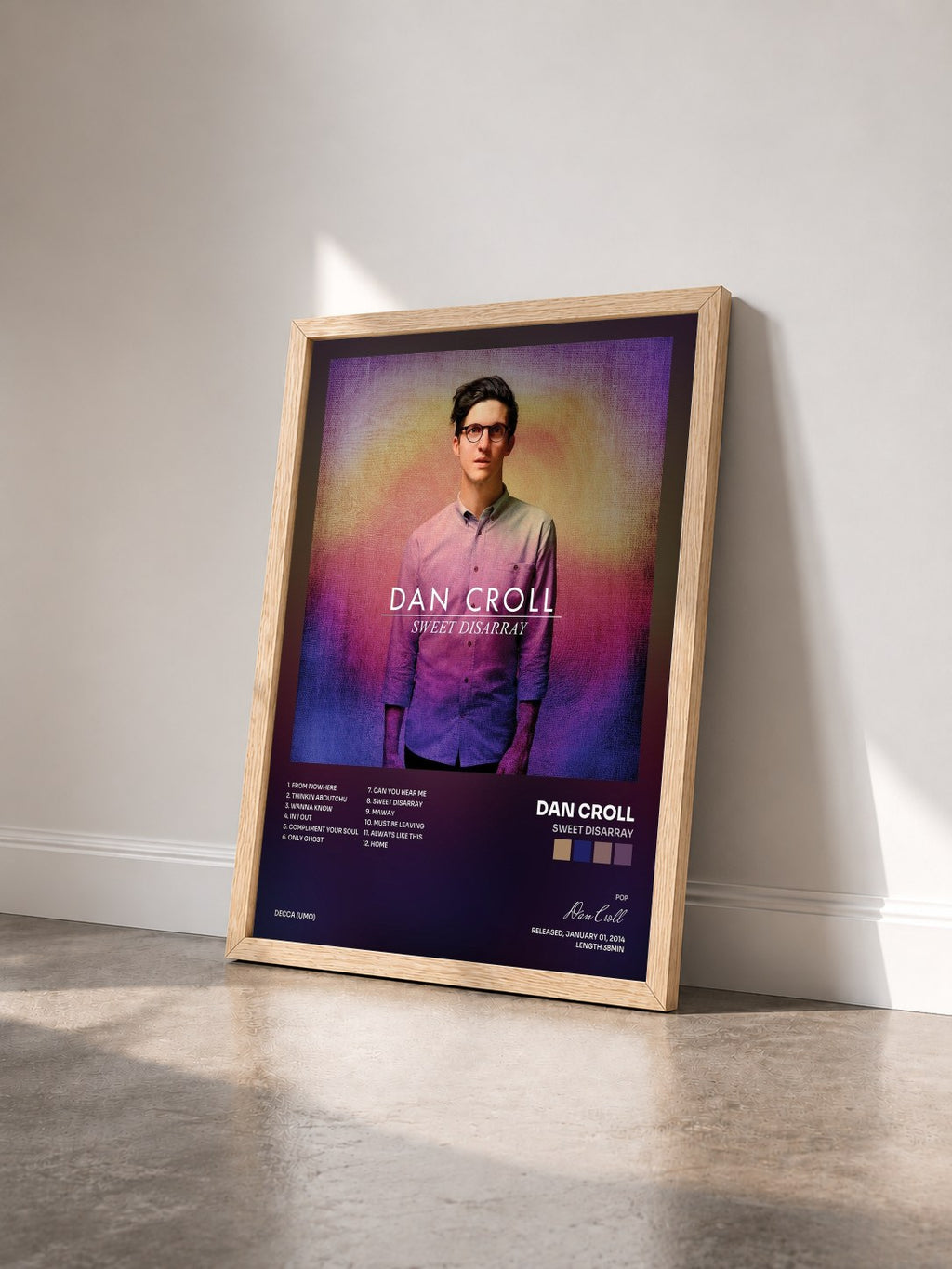 #bois Tableau de l'album Sweet Disarray de Dan Croll vu de trois quarts, cadre en bois brut