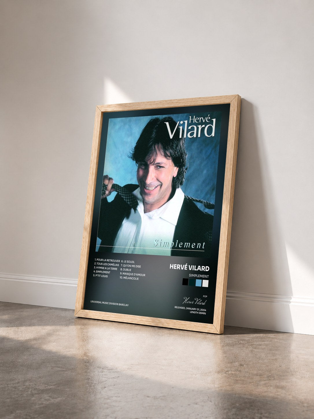 #bois Tableau de l'album Simplement de Hervé Vilard vu de trois quarts, cadre en bois brut