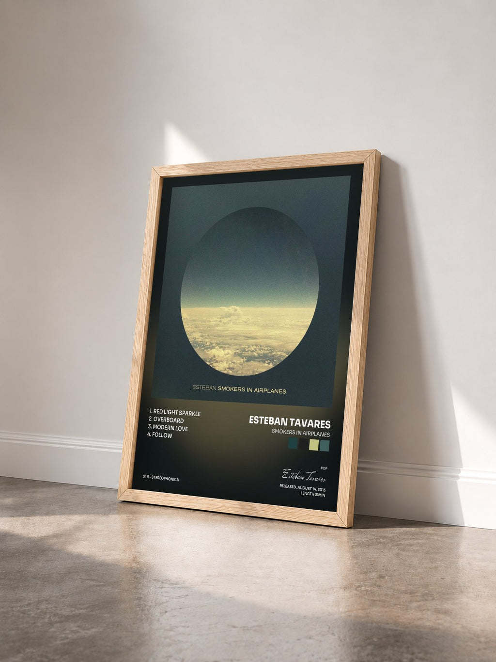 #bois Tableau de l'album Smokers in Airplanes de Esteban Tavares vu de trois quarts, cadre en bois brut