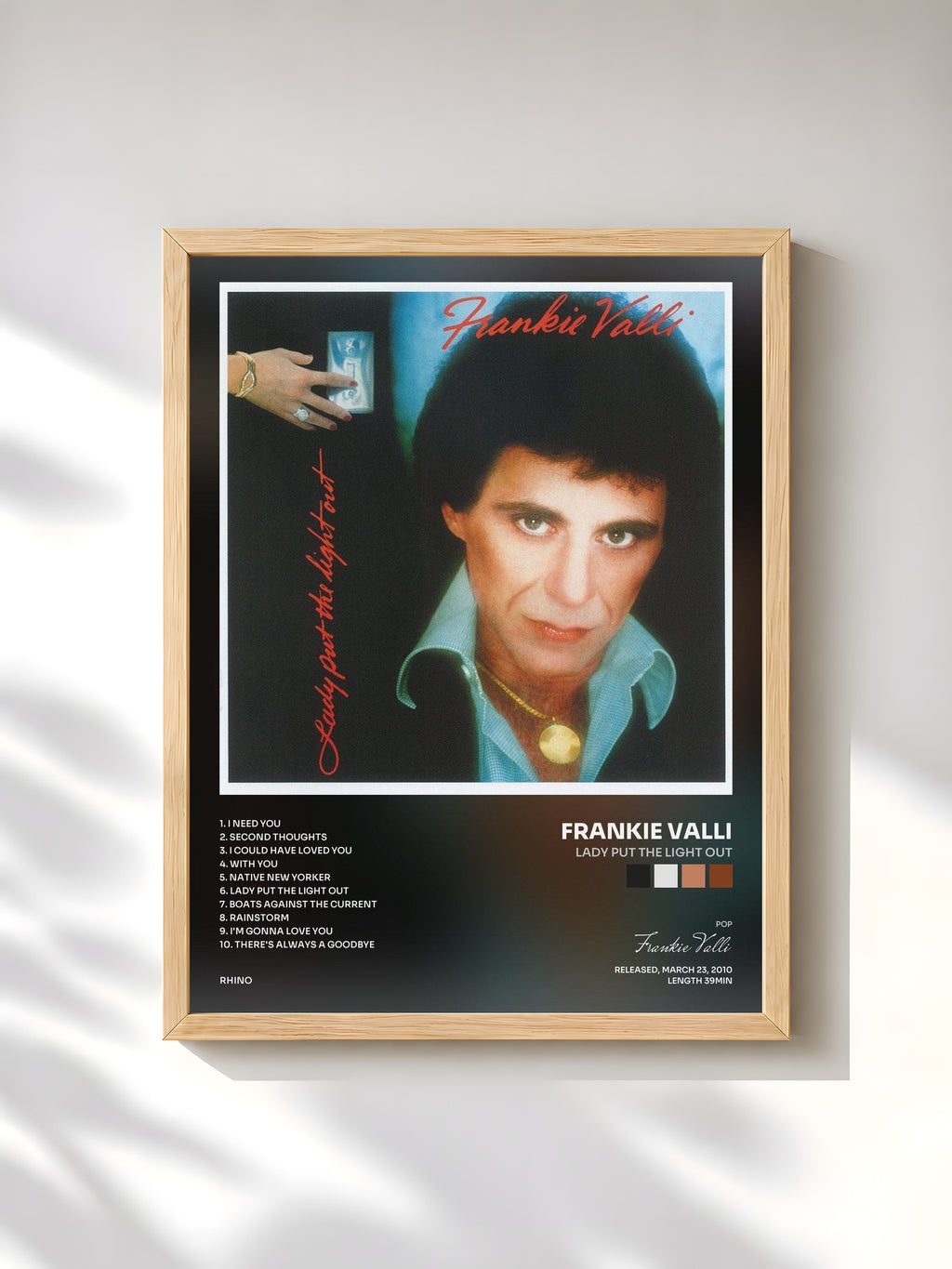 #bois Tableau de l'album Lady Put The Light Out de Frankie Valli, cadre en bois brut, imprimé et encadré en France