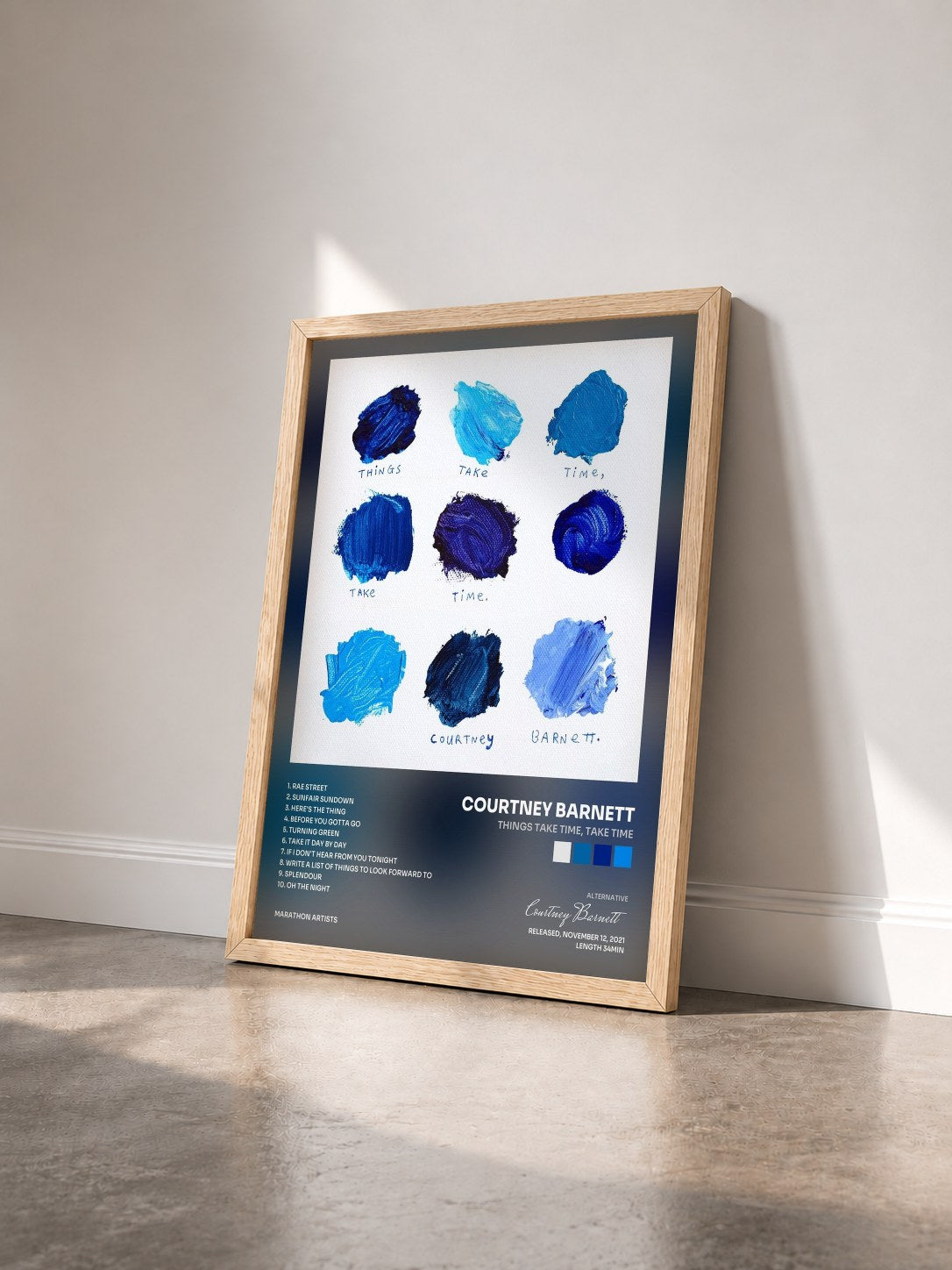 #bois Tableau de l'album Things Take Time, Take Time de Courtney Barnett vu de trois quarts, cadre en bois brut