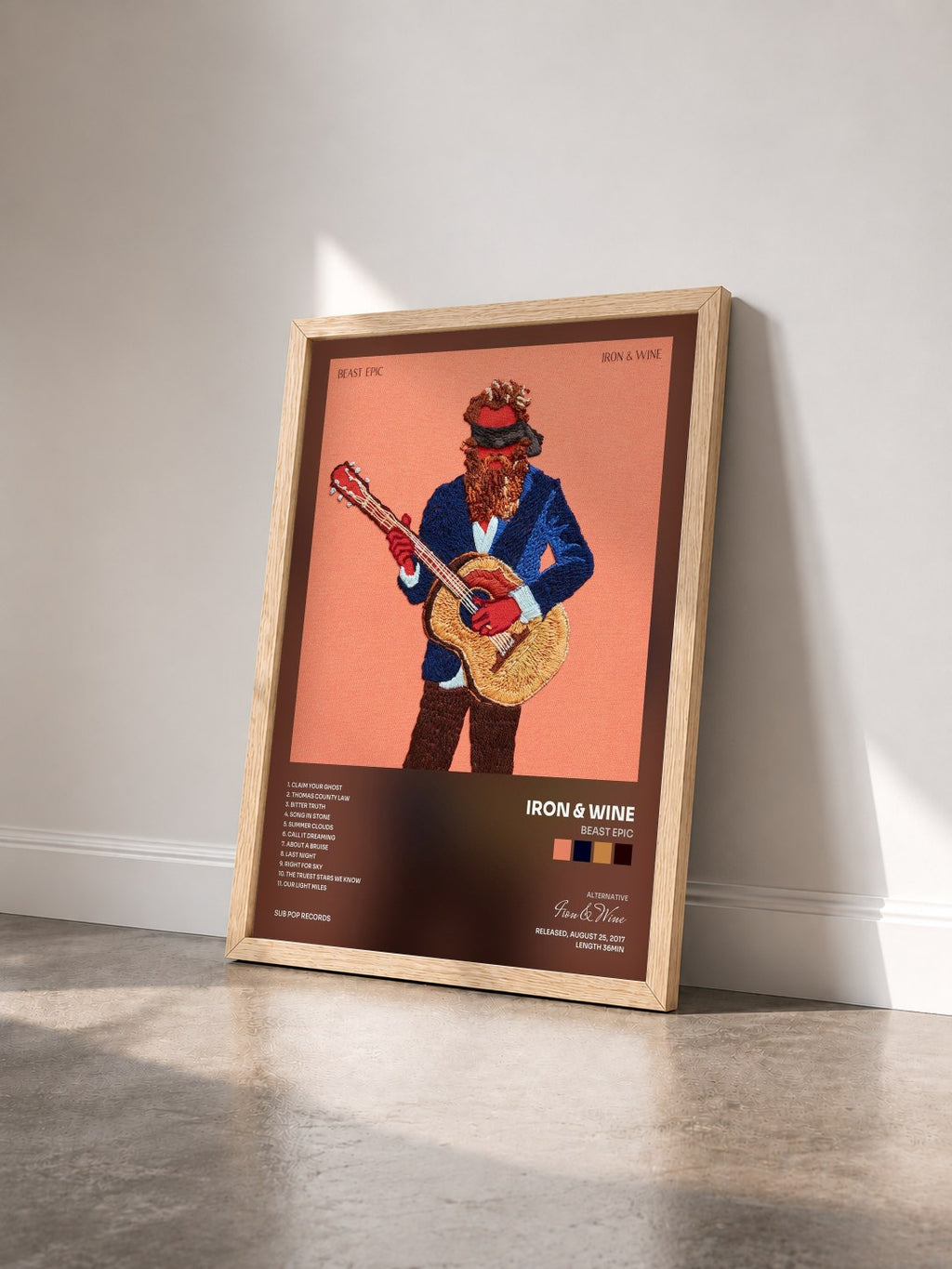 #bois Tableau de l'album Beast Epic de Iron & Wine vu de trois quarts, cadre en bois brut