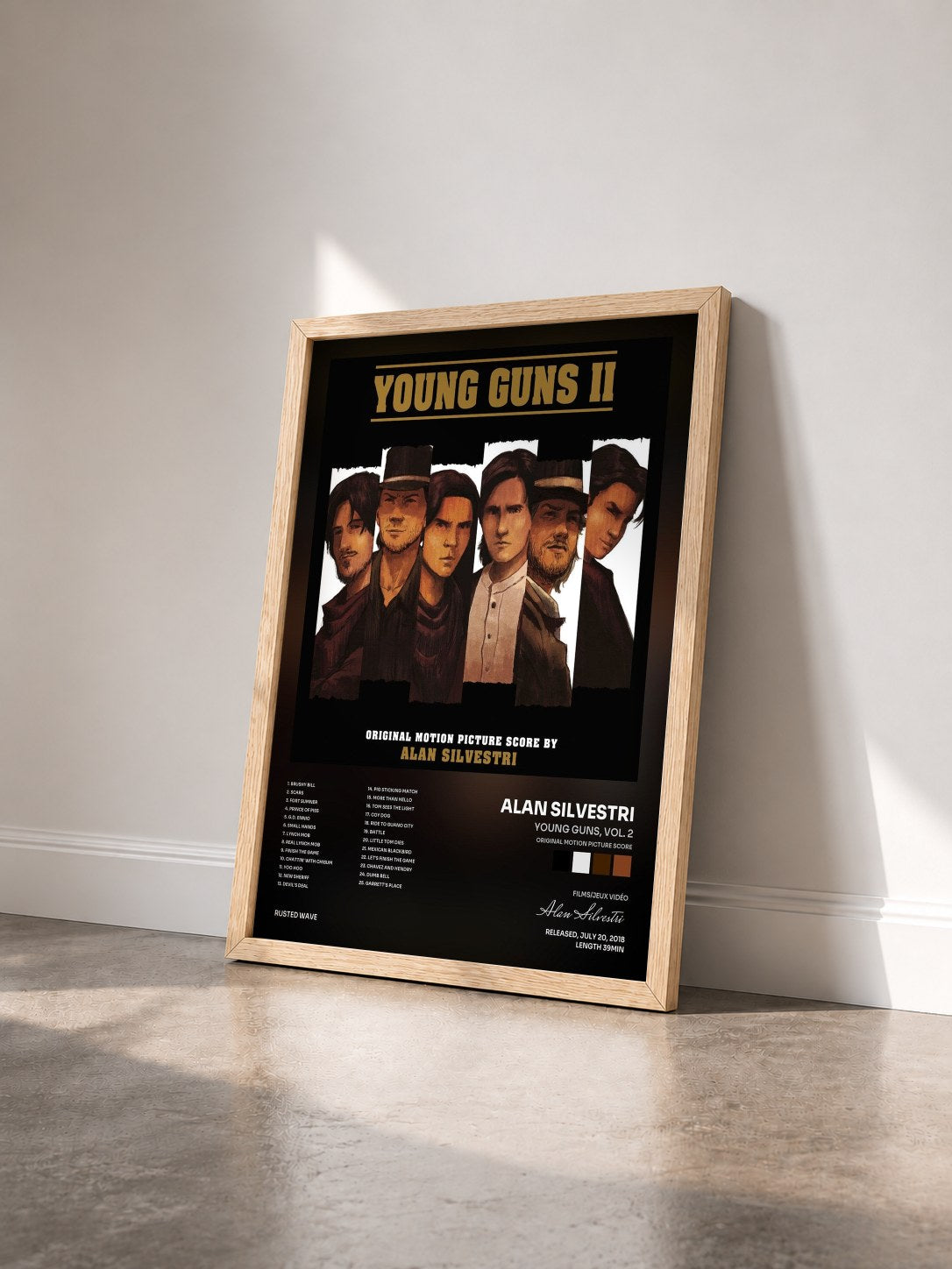 #bois Tableau de l'album Young Guns, Vol. 2 (Original Motion Picture Score) de Alan Silvestri vu de trois quarts, cadre en bois brut