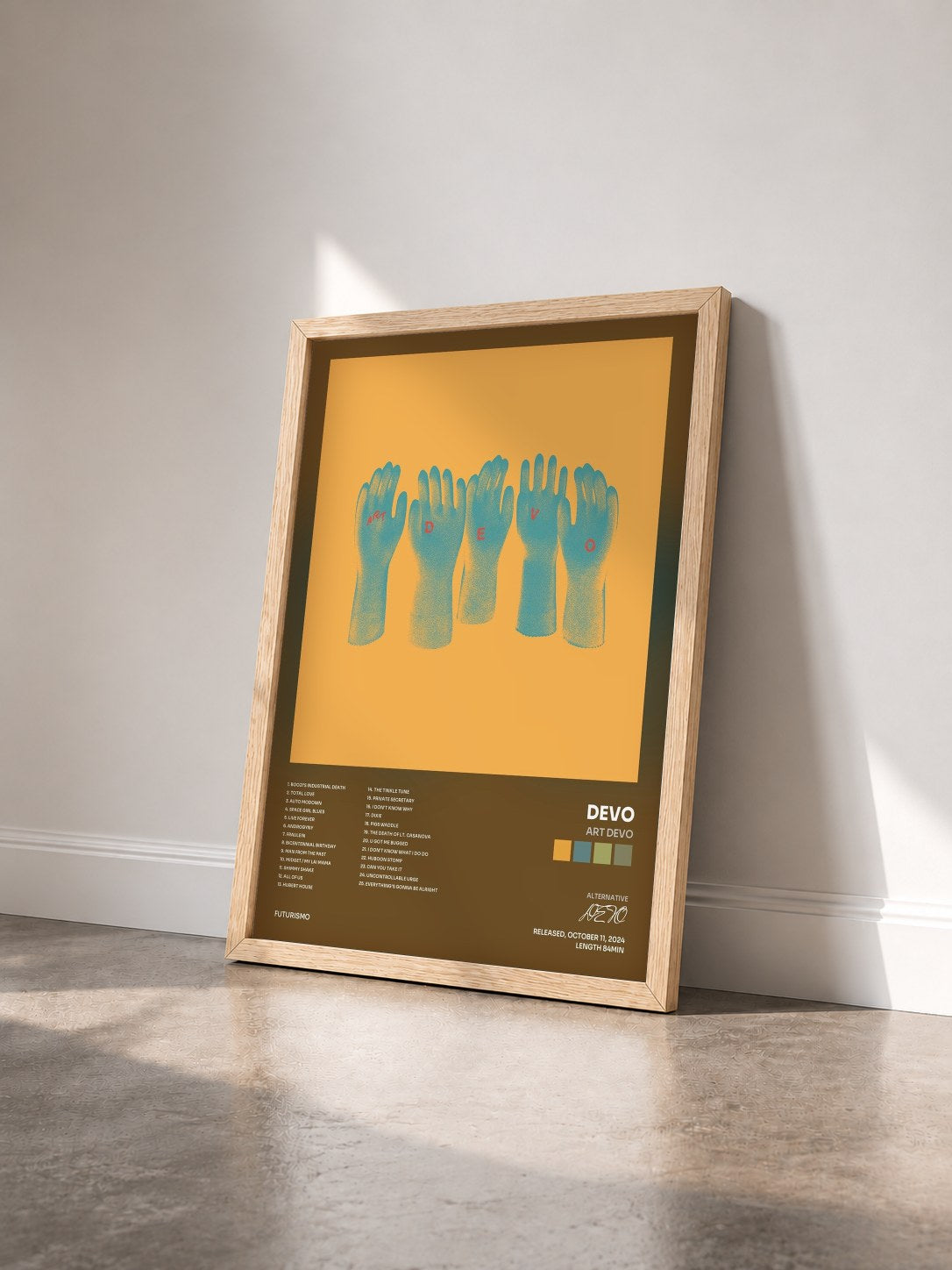 #bois Tableau de l'album Art Devo de DEVO vu de trois quarts, cadre en bois brut
