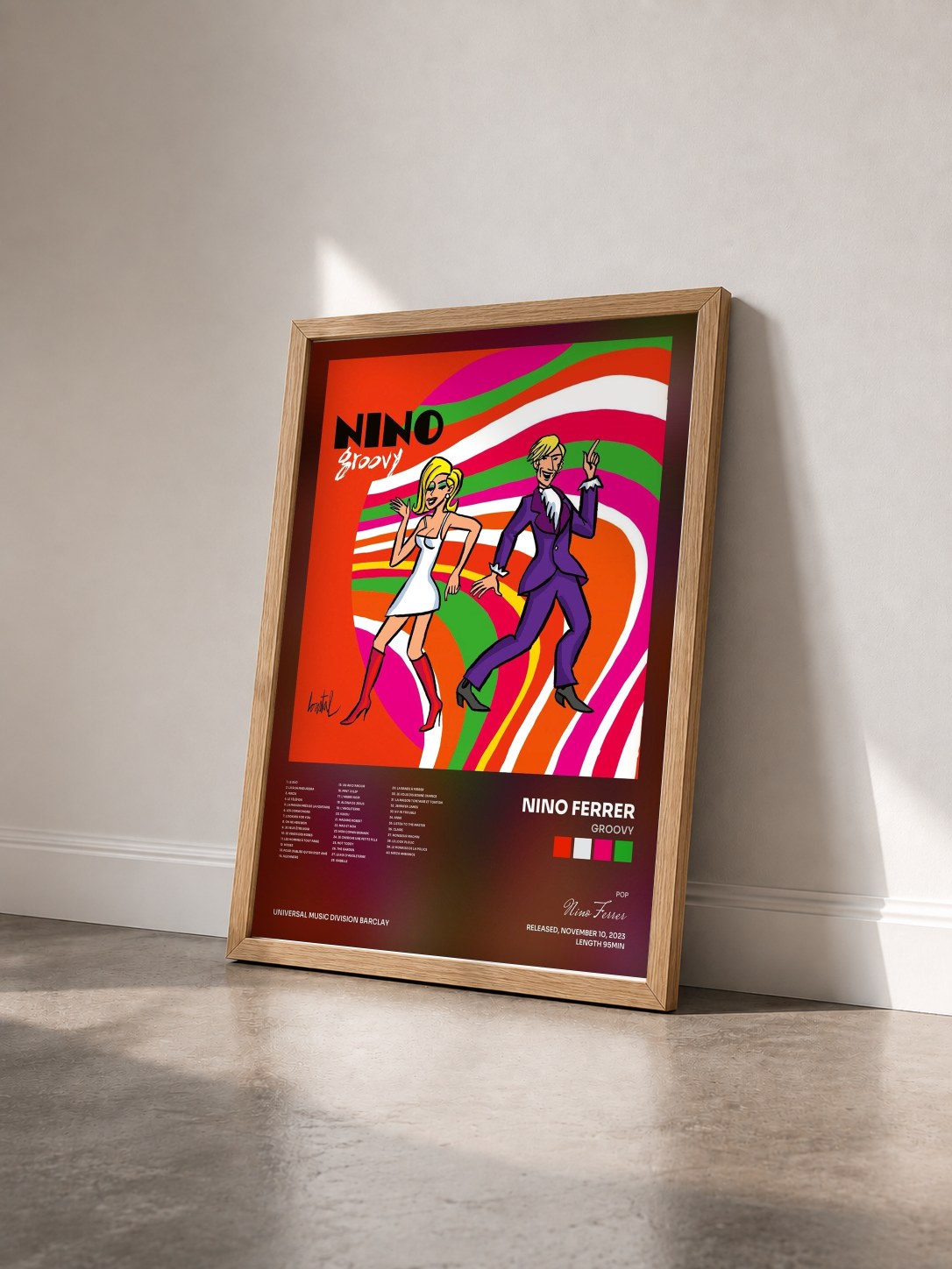 #bois Tableau de l'album Groovy de Nino Ferrer vu de trois quarts, cadre en bois brut