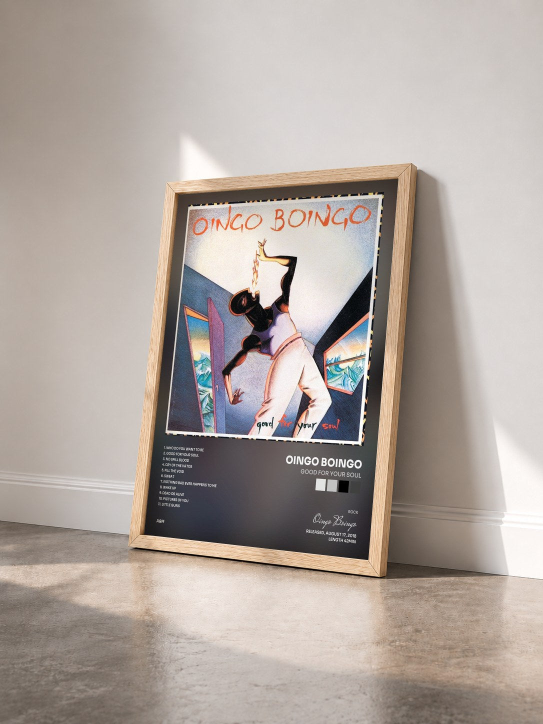 #bois Tableau de l'album Good For Your Soul de Oingo Boingo vu de trois quarts, cadre en bois brut