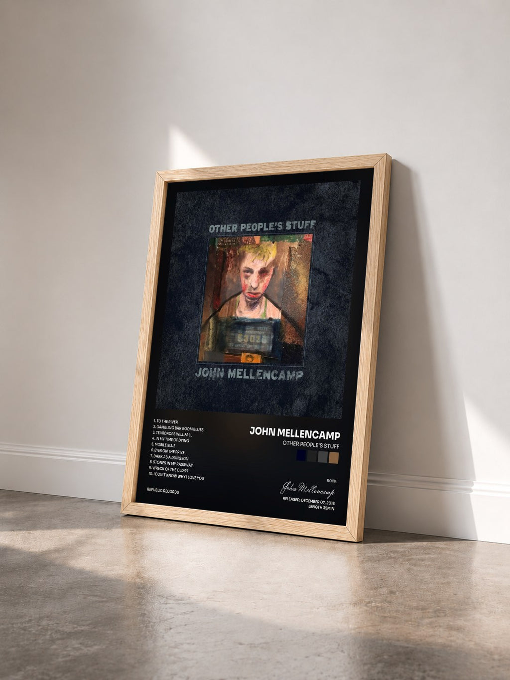 #bois Tableau de l'album Other People's Stuff de John Mellencamp vu de trois quarts, cadre en bois brut