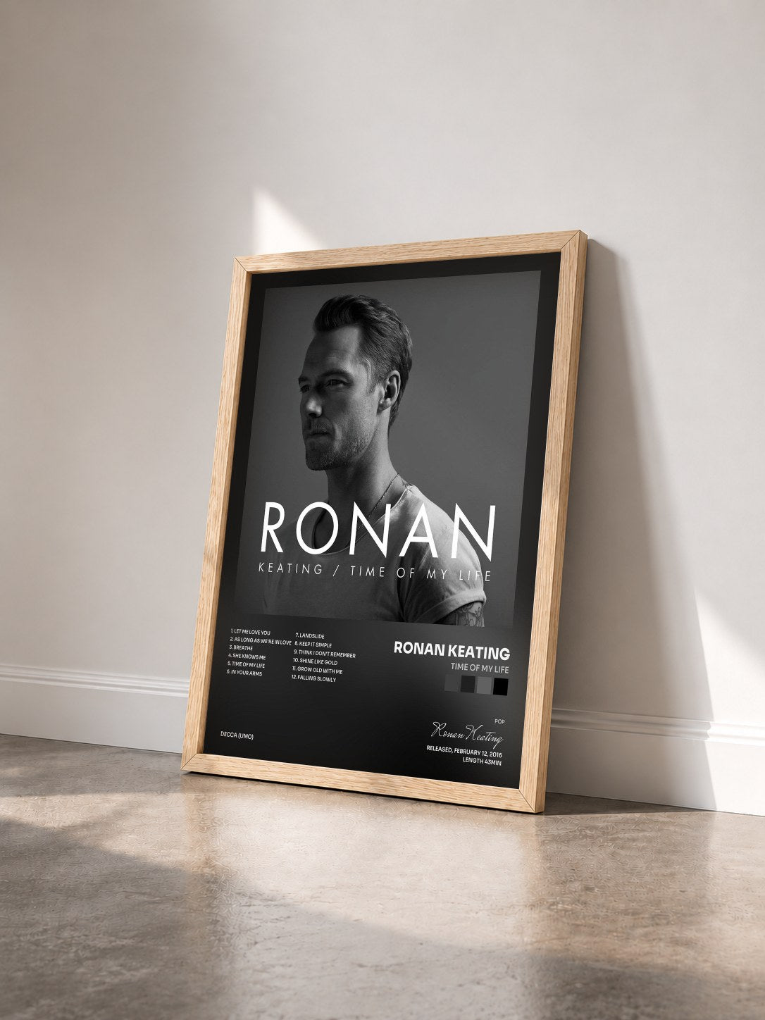 #bois Tableau de l'album Time Of My Life de Ronan Keating vu de trois quarts, cadre en bois brut