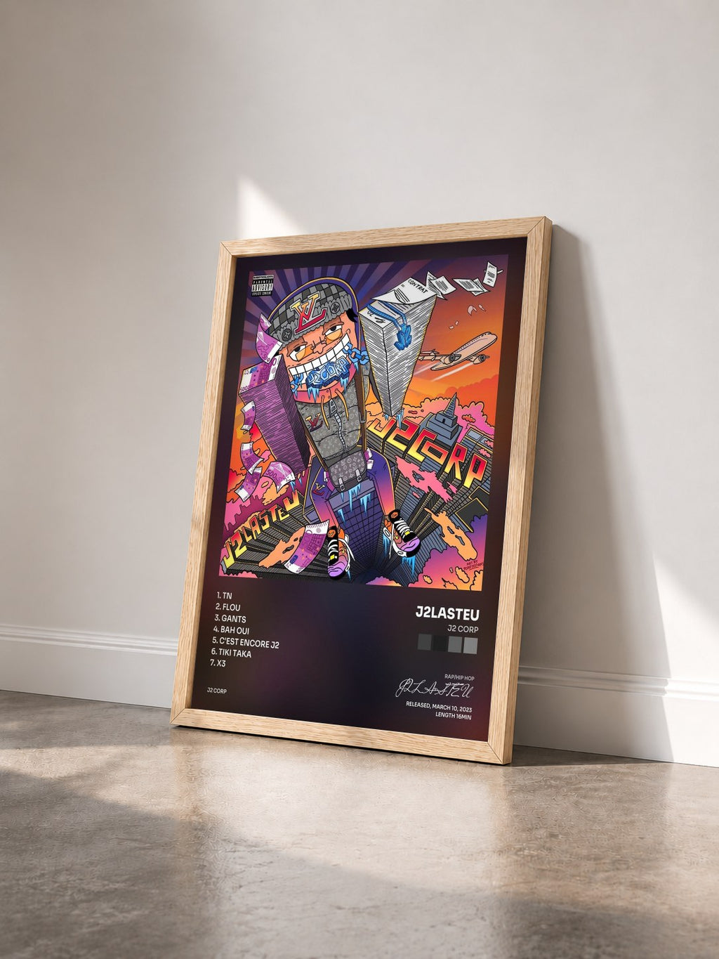 #bois Tableau de l'album J2 CORP de J2LASTEU vu de trois quarts, cadre en bois brut