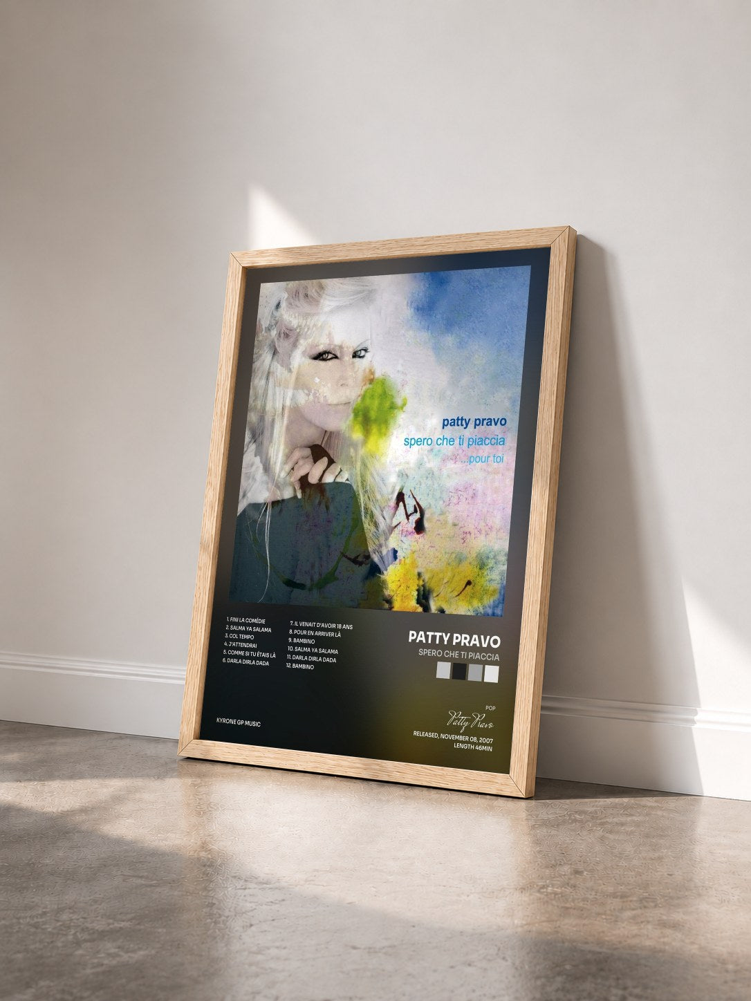 #bois Tableau de l'album Spero che ti piaccia de Patty Pravo vu de trois quarts, cadre en bois brut