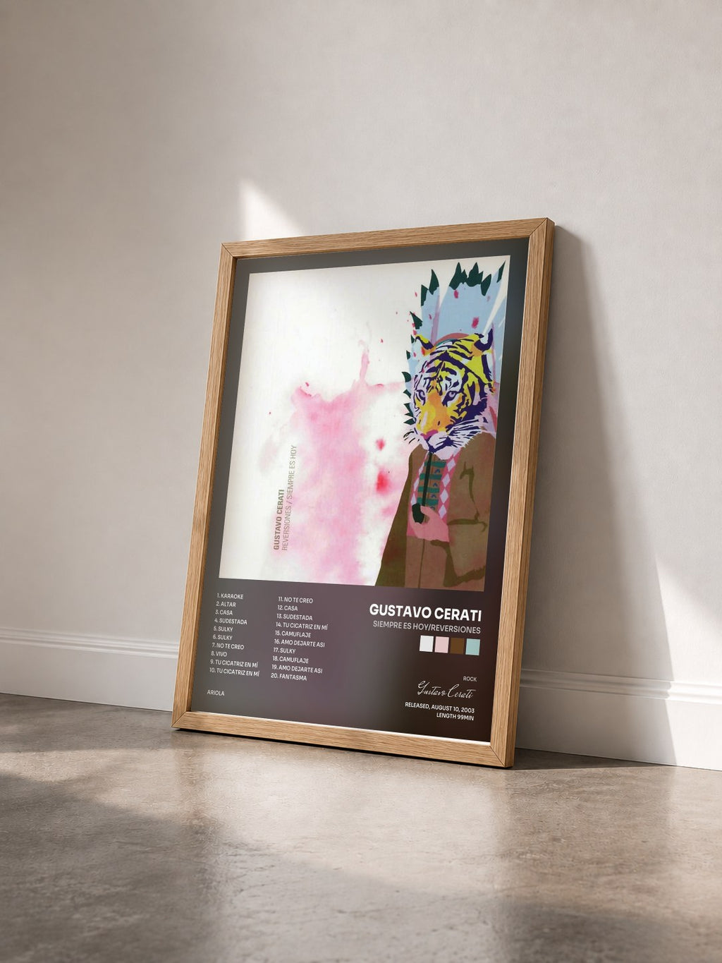 #bois Tableau de l'album Siempre Es Hoy/Reversiones de Gustavo Cerati vu de trois quarts, cadre en bois brut