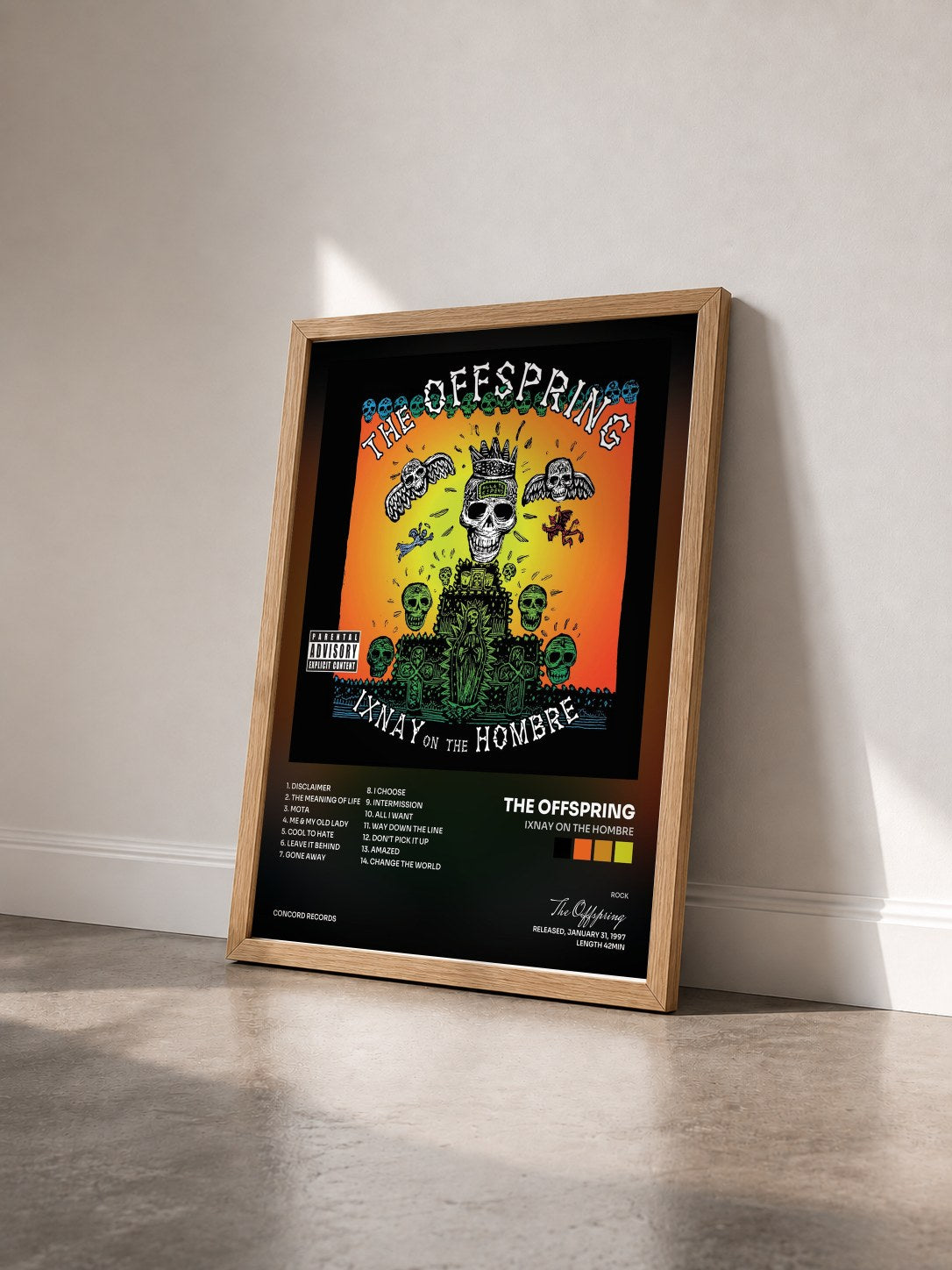 #bois Tableau de l'album Ixnay On The Hombre de The Offspring vu de trois quarts, cadre en bois brut