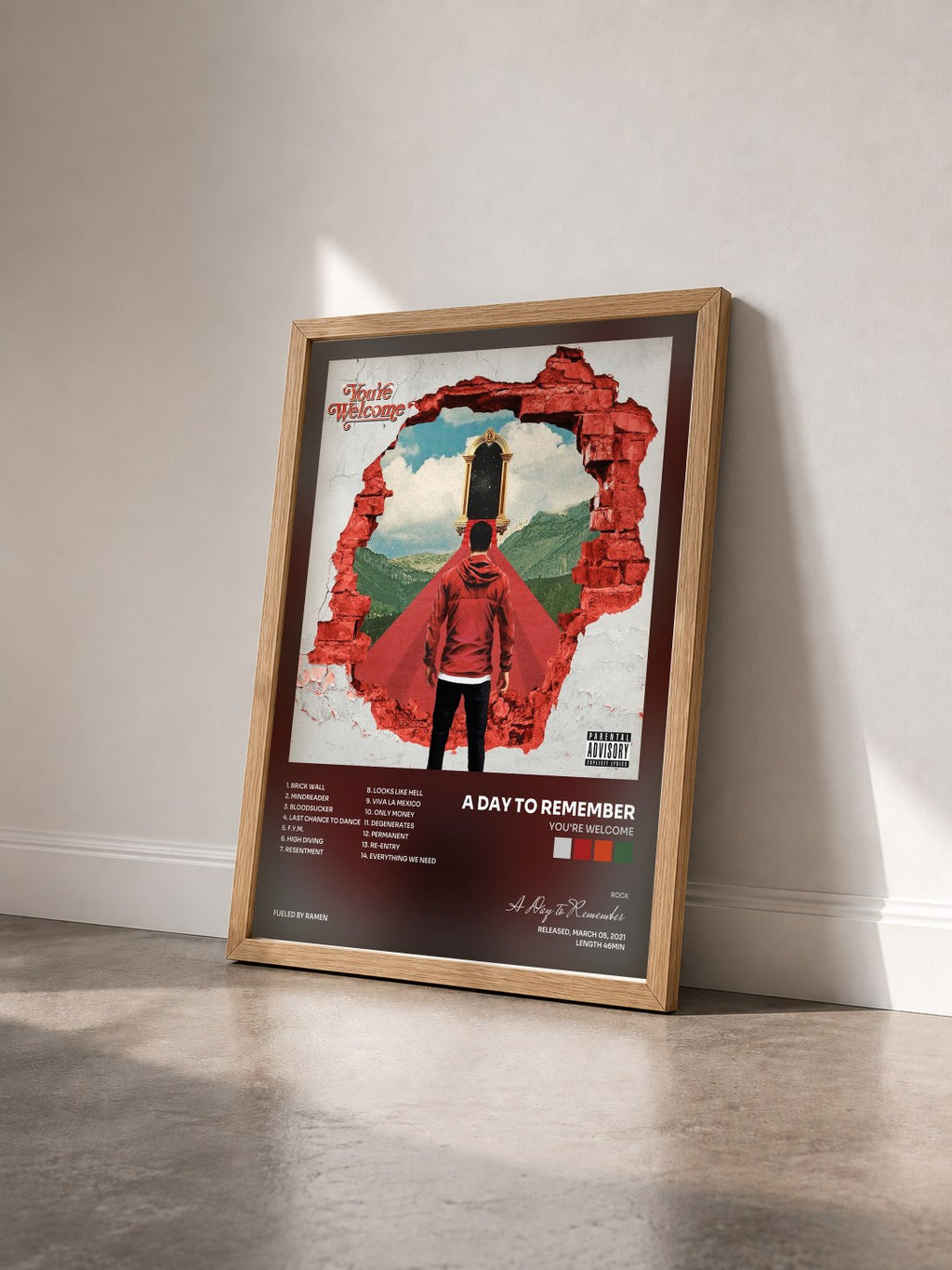 #bois Tableau de l'album You're Welcome de A Day to Remember vu de trois quarts, cadre en bois brut