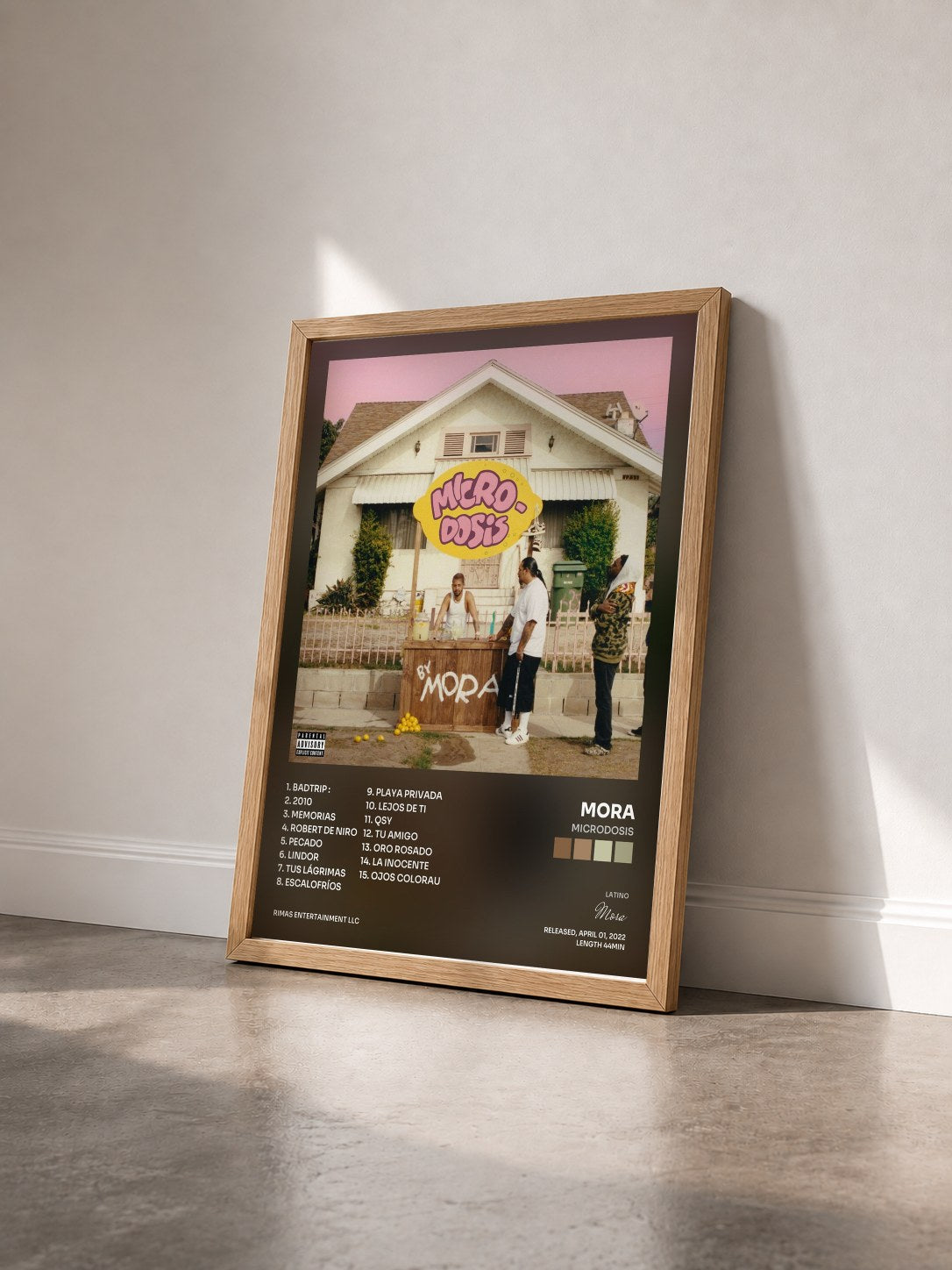 #bois Tableau de l'album MICRODOSIS de Mora vu de trois quarts, cadre en bois brut