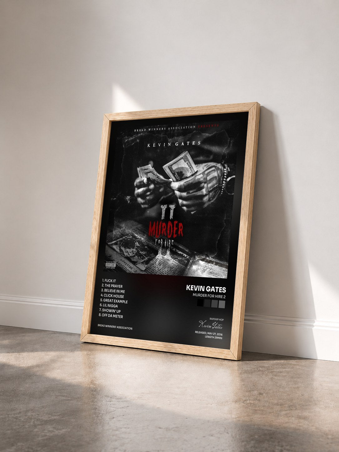 #bois Tableau de l'album Murder for Hire 2 de Kevin Gates vu de trois quarts, cadre en bois brut