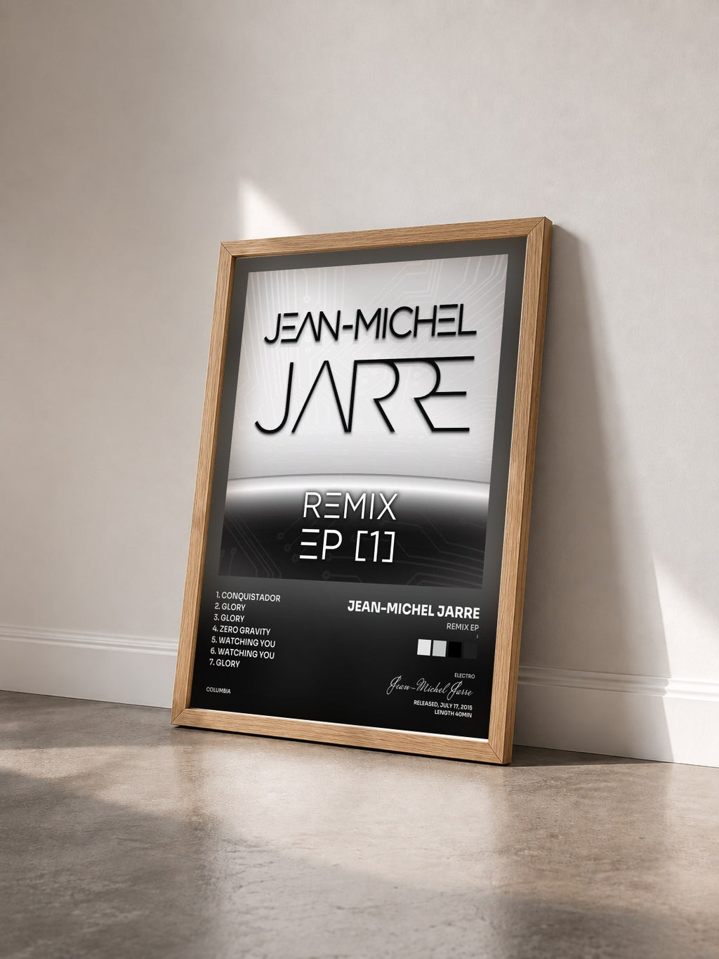 #bois Tableau de l'album Remix EP (I) de Jean-Michel Jarre vu de trois quarts, cadre en bois brut