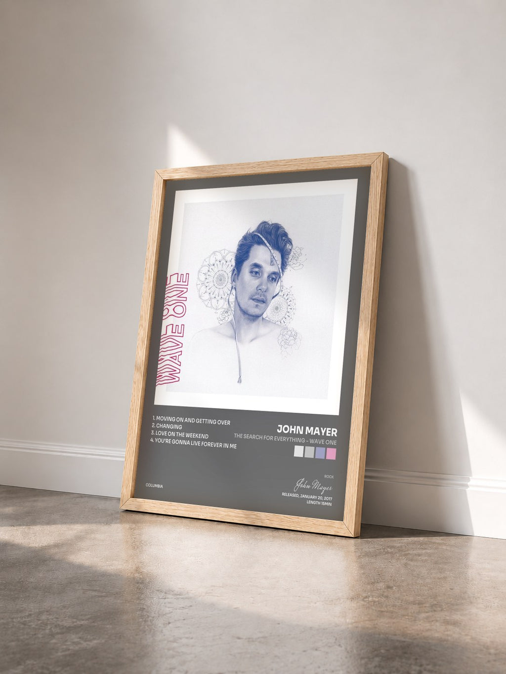 #bois Tableau de l'album The Search for Everything - Wave One de John Mayer vu de trois quarts, cadre en bois brut